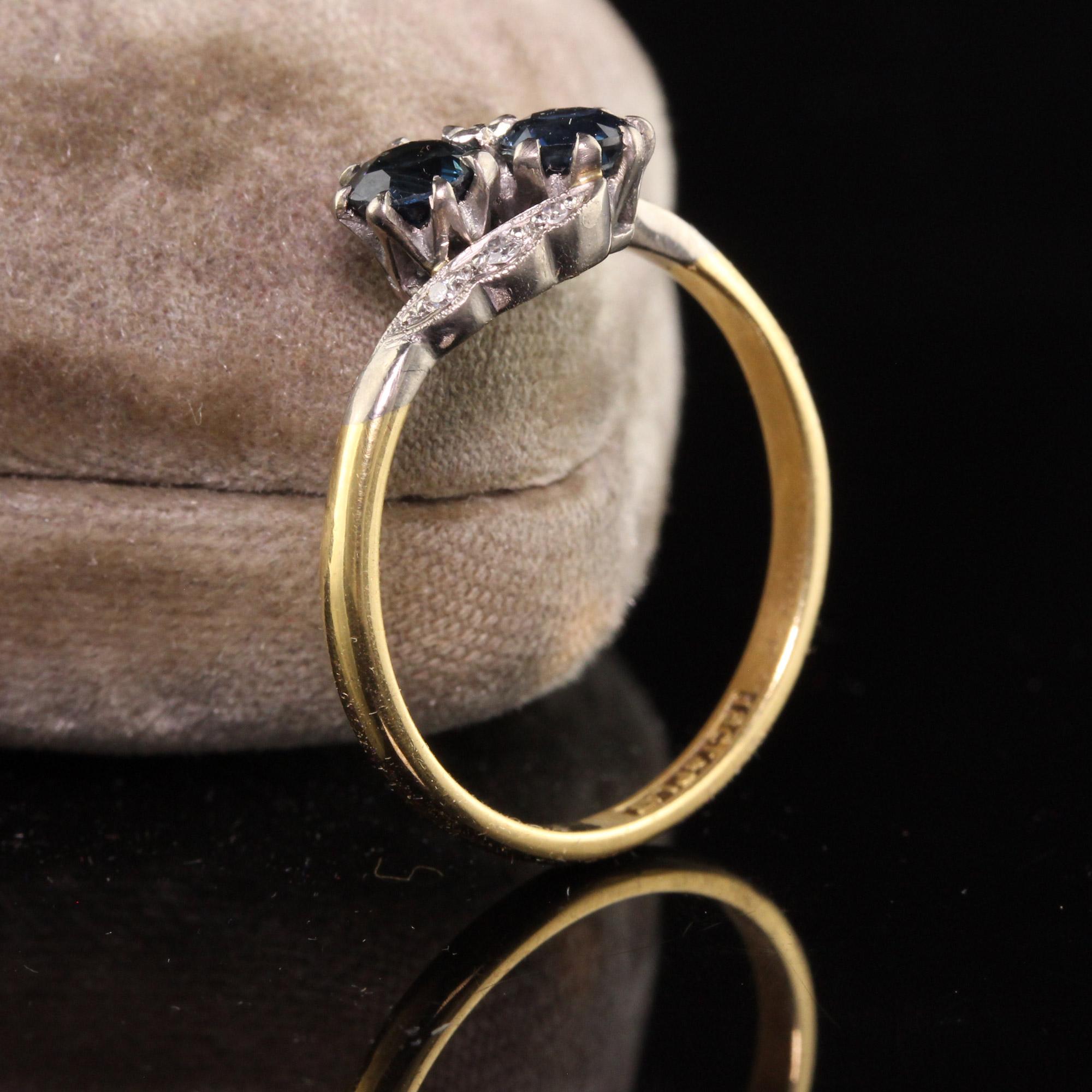 Single Cut Antique Edwardian 18K Yellow Gold and Platinum Toi et Moi Sapphire Diamond Ring
