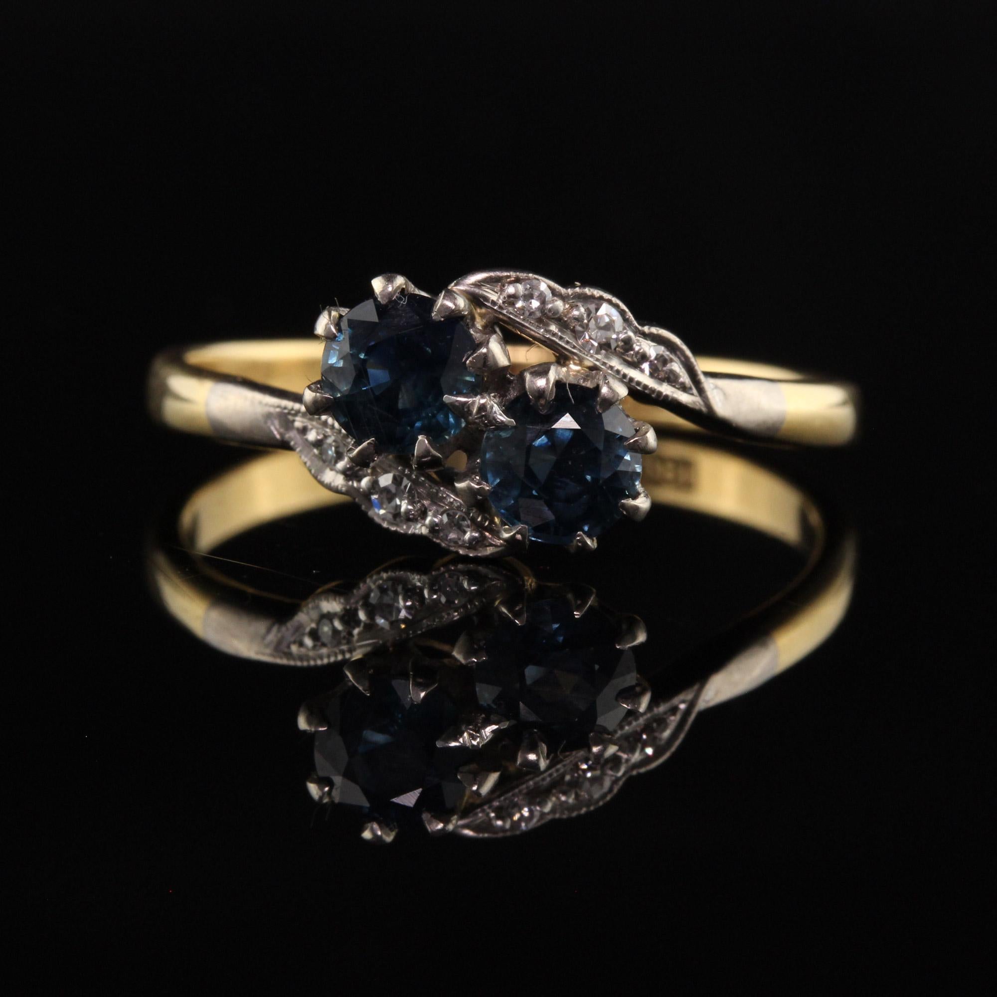 Antique Edwardian 18K Yellow Gold and Platinum Toi et Moi Sapphire Diamond Ring In Good Condition In Great Neck, NY
