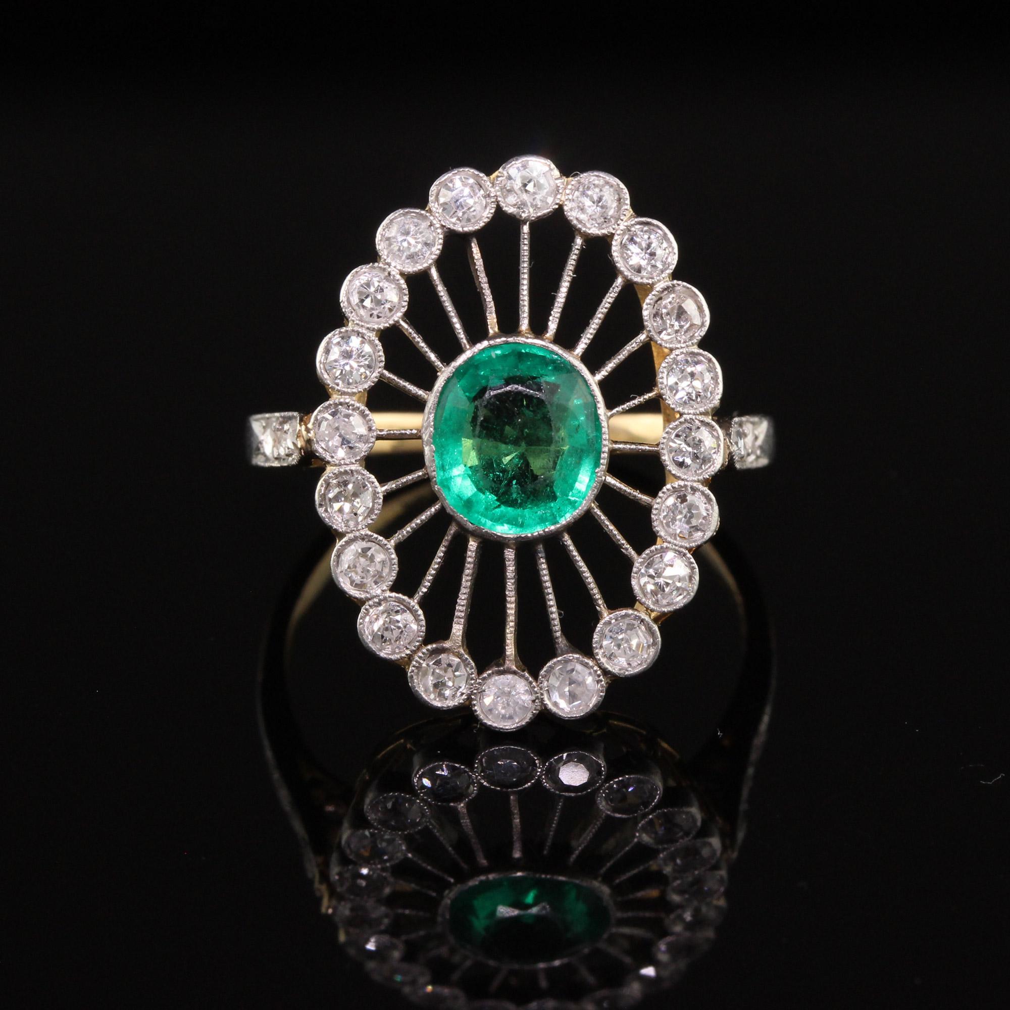 Women's Antique Edwardian 18k Yellow Gold Colombian Emerald and Diamond Ring For Sale