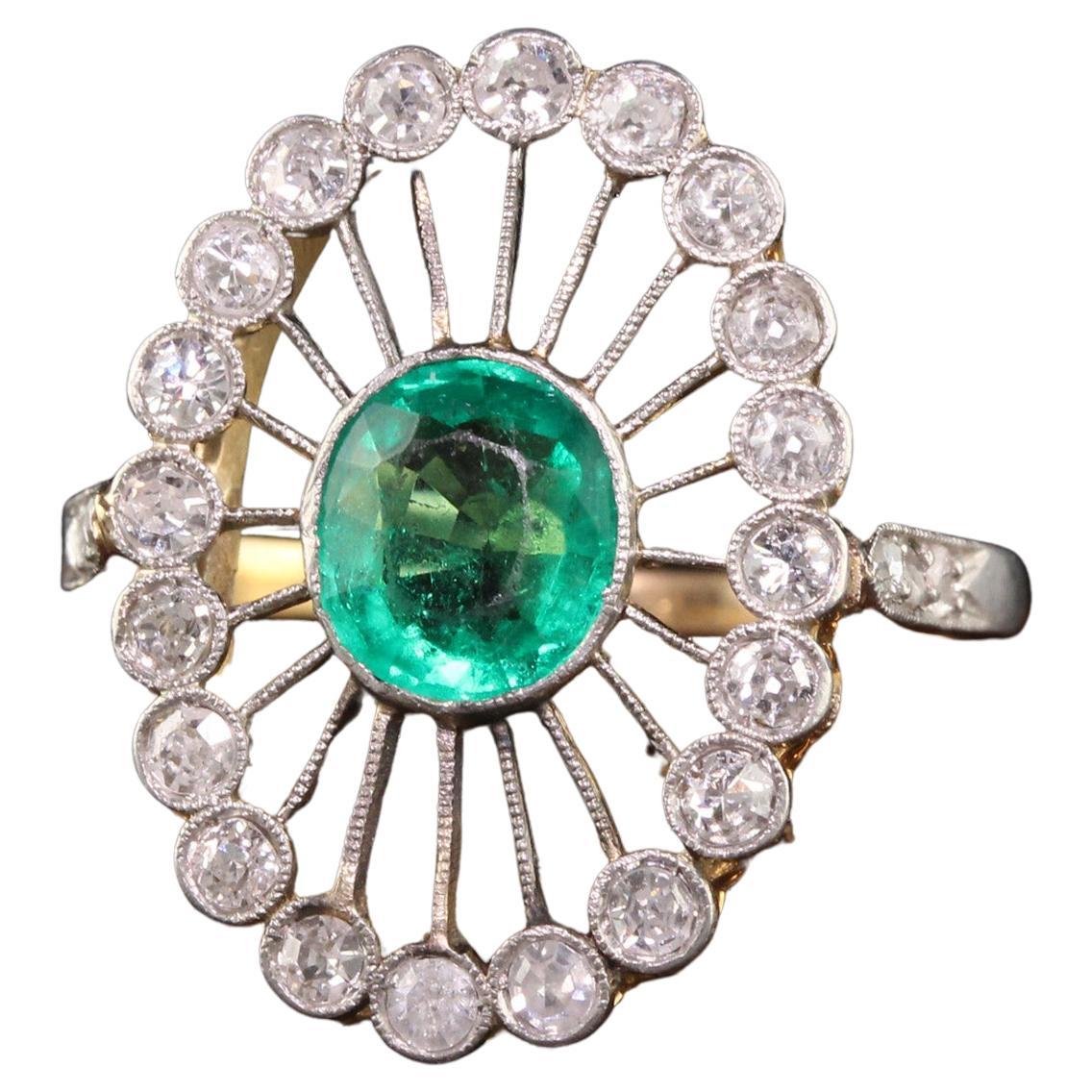 Antique Edwardian 18k Yellow Gold Colombian Emerald and Diamond Ring For Sale