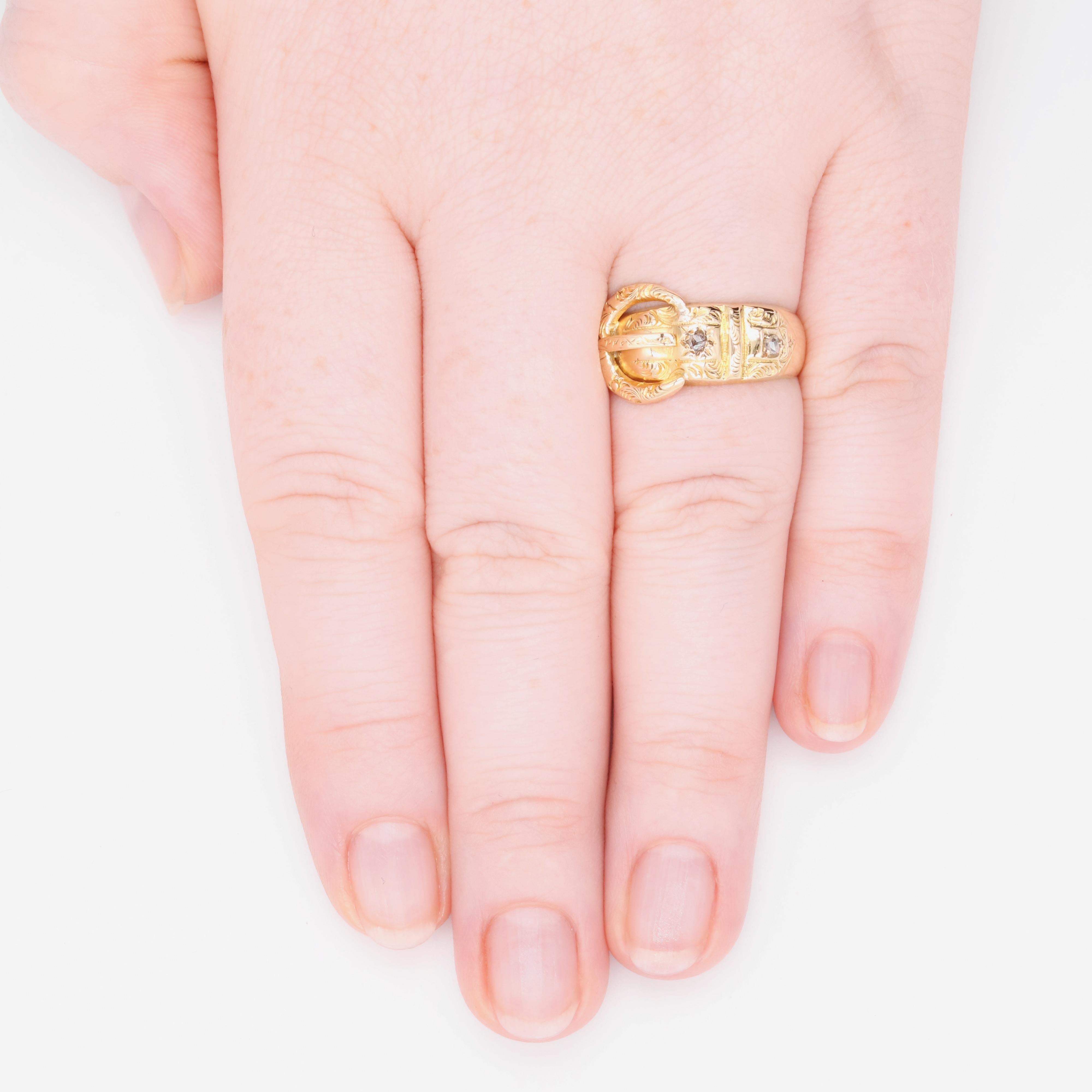 Antique Edwardian 18K Yellow Gold Engraved Diamond Buckle Ring 5
