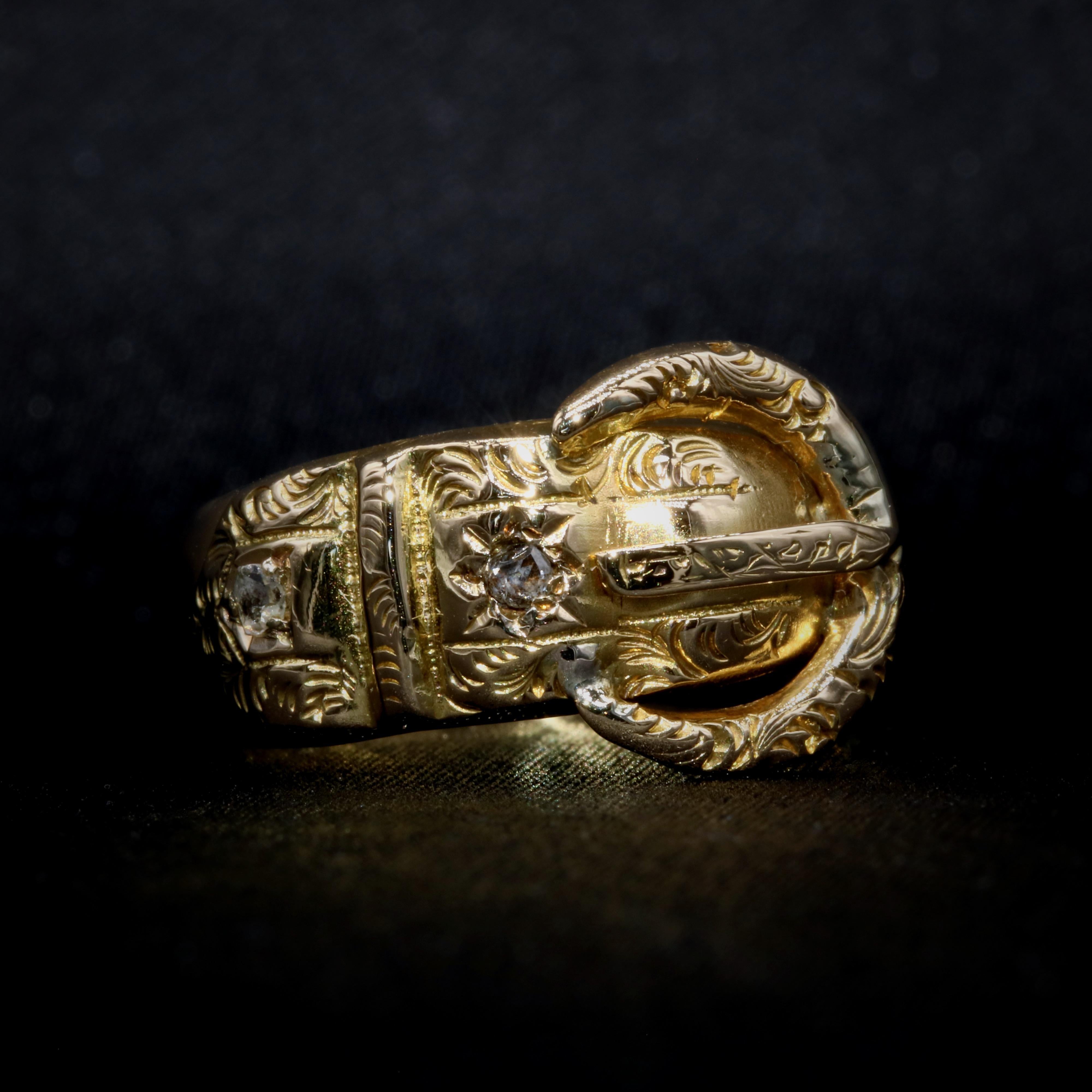 Rose Cut Antique Edwardian 18K Yellow Gold Engraved Diamond Buckle Ring