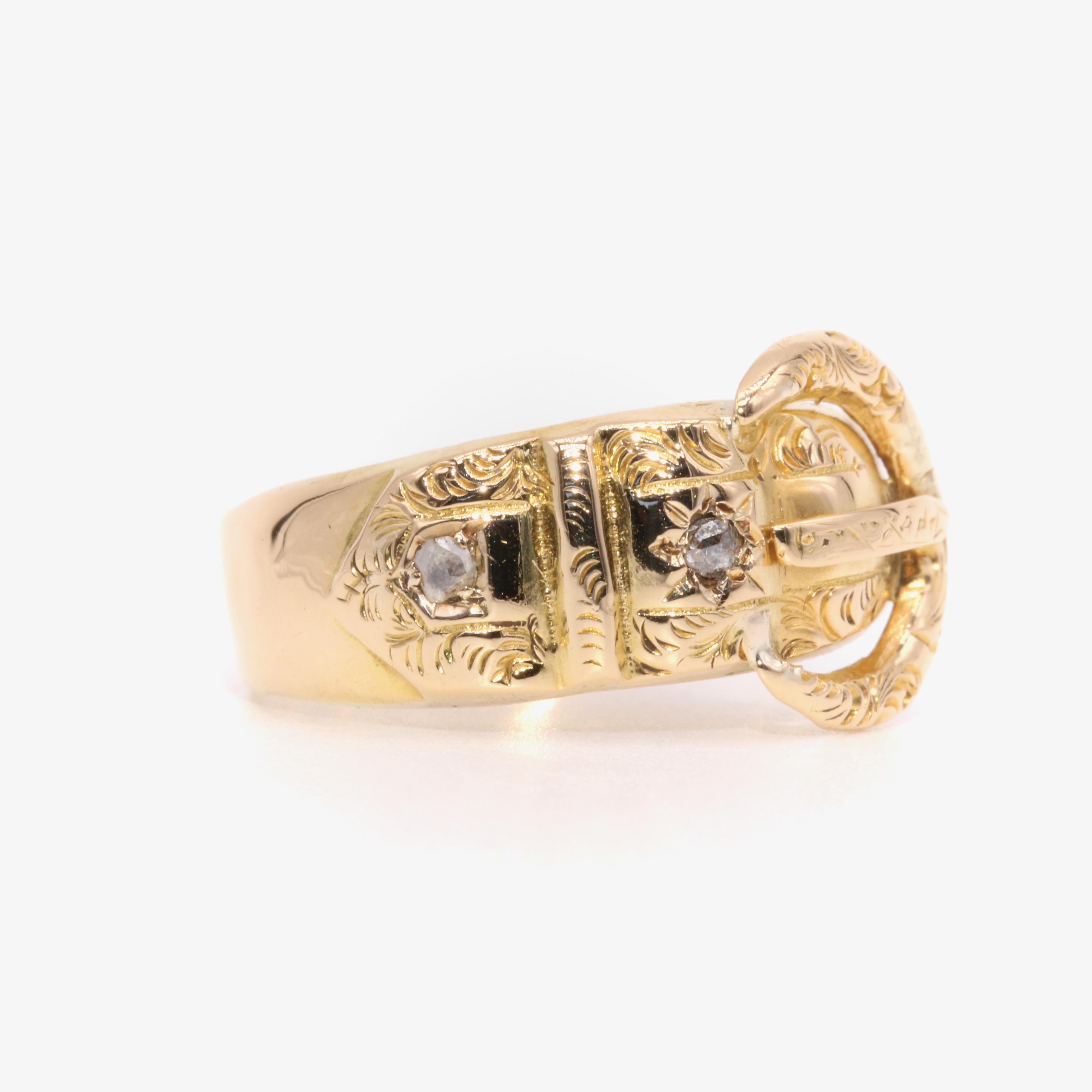 Antique Edwardian 18K Yellow Gold Engraved Diamond Buckle Ring In Good Condition In Staines-Upon-Thames, GB