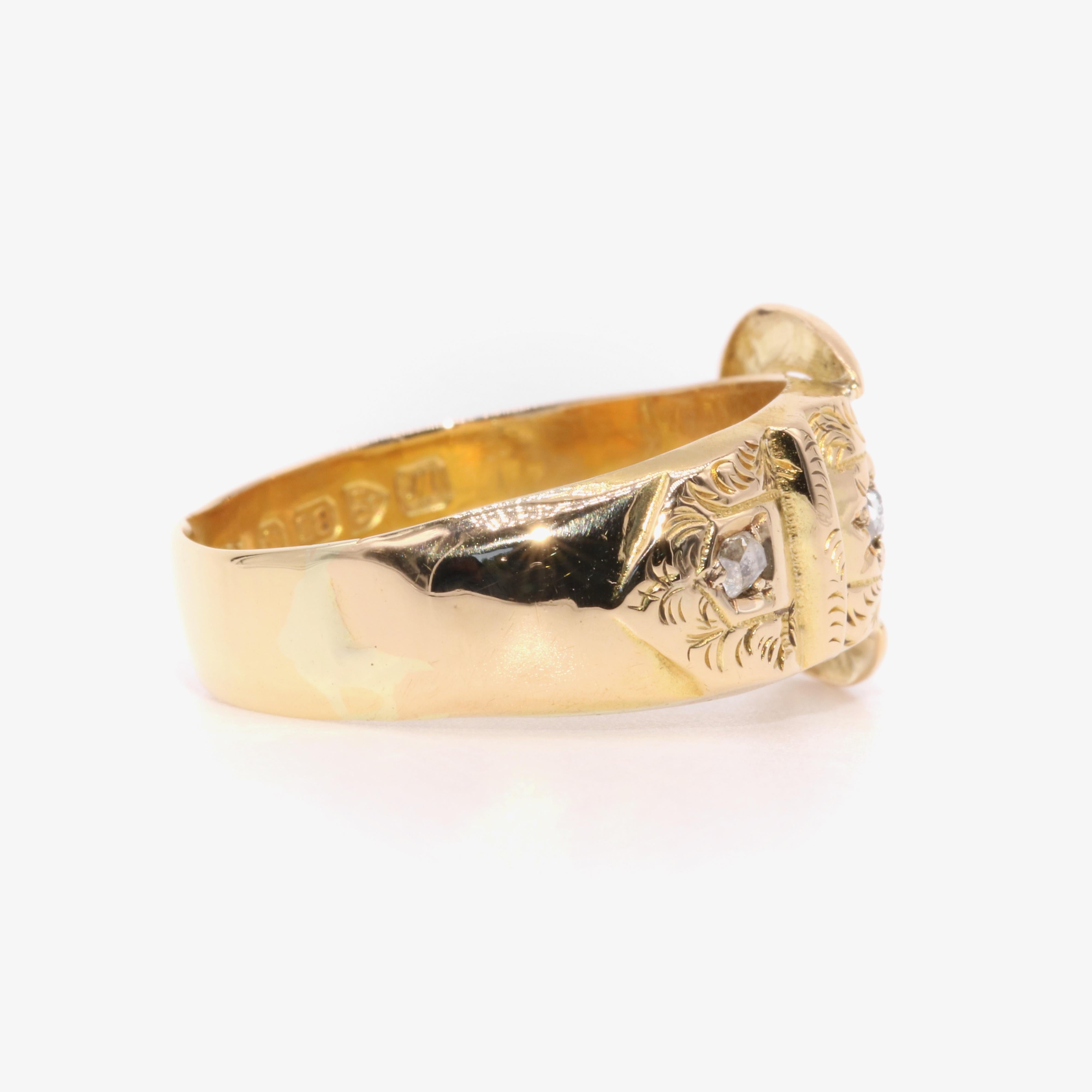 Women's or Men's Antique Edwardian 18K Yellow Gold Engraved Diamond Buckle Ring