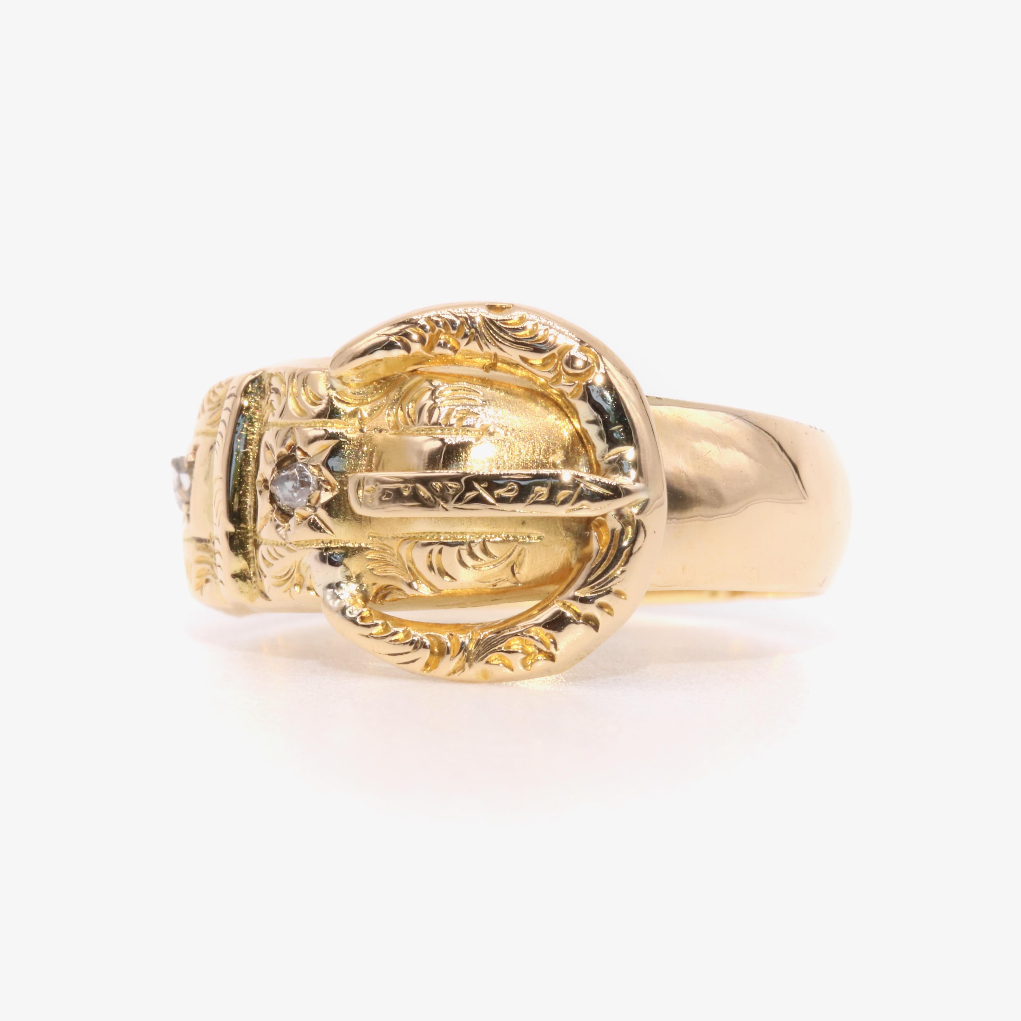 Antique Edwardian 18K Yellow Gold Engraved Diamond Buckle Ring 1