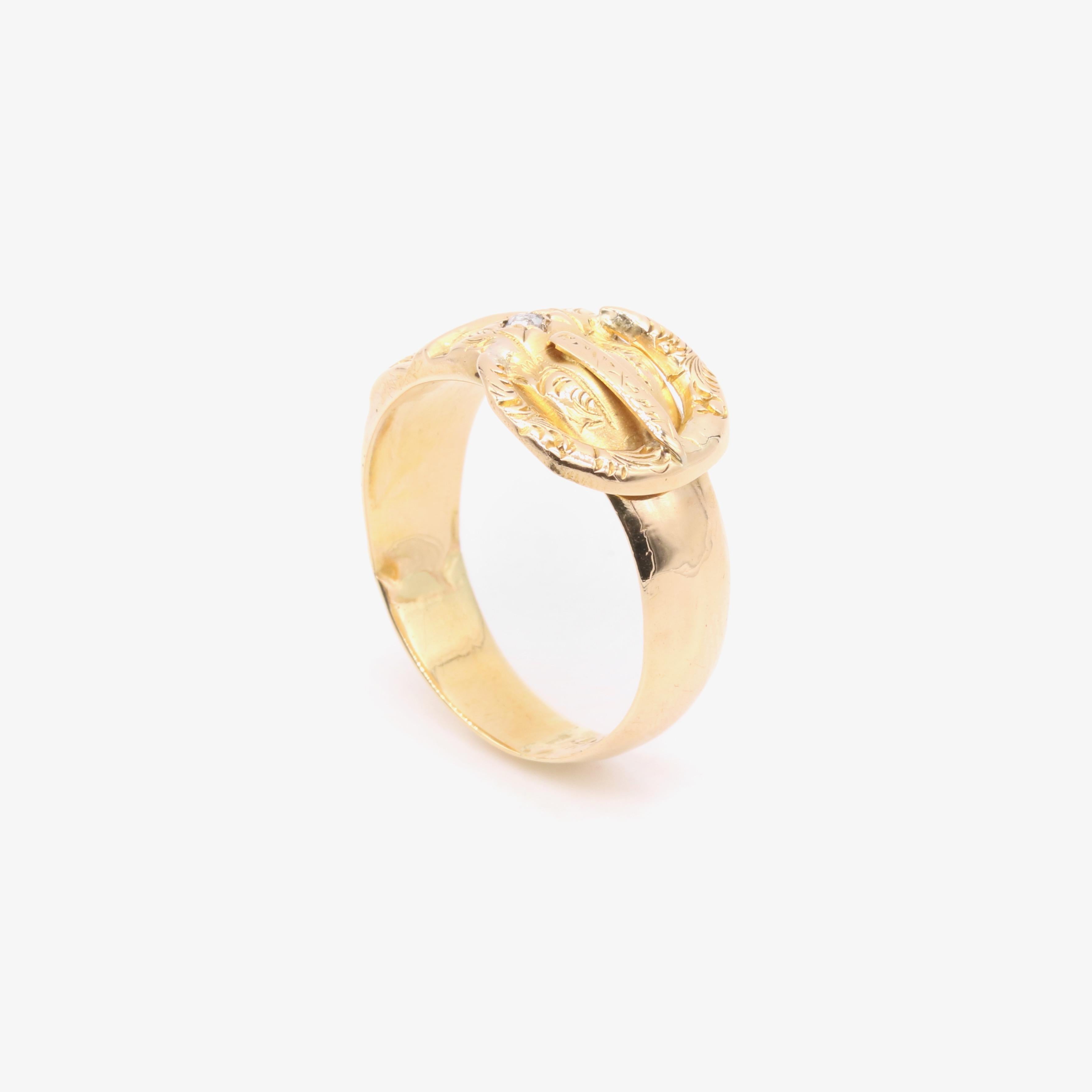 Antique Edwardian 18K Yellow Gold Engraved Diamond Buckle Ring 3