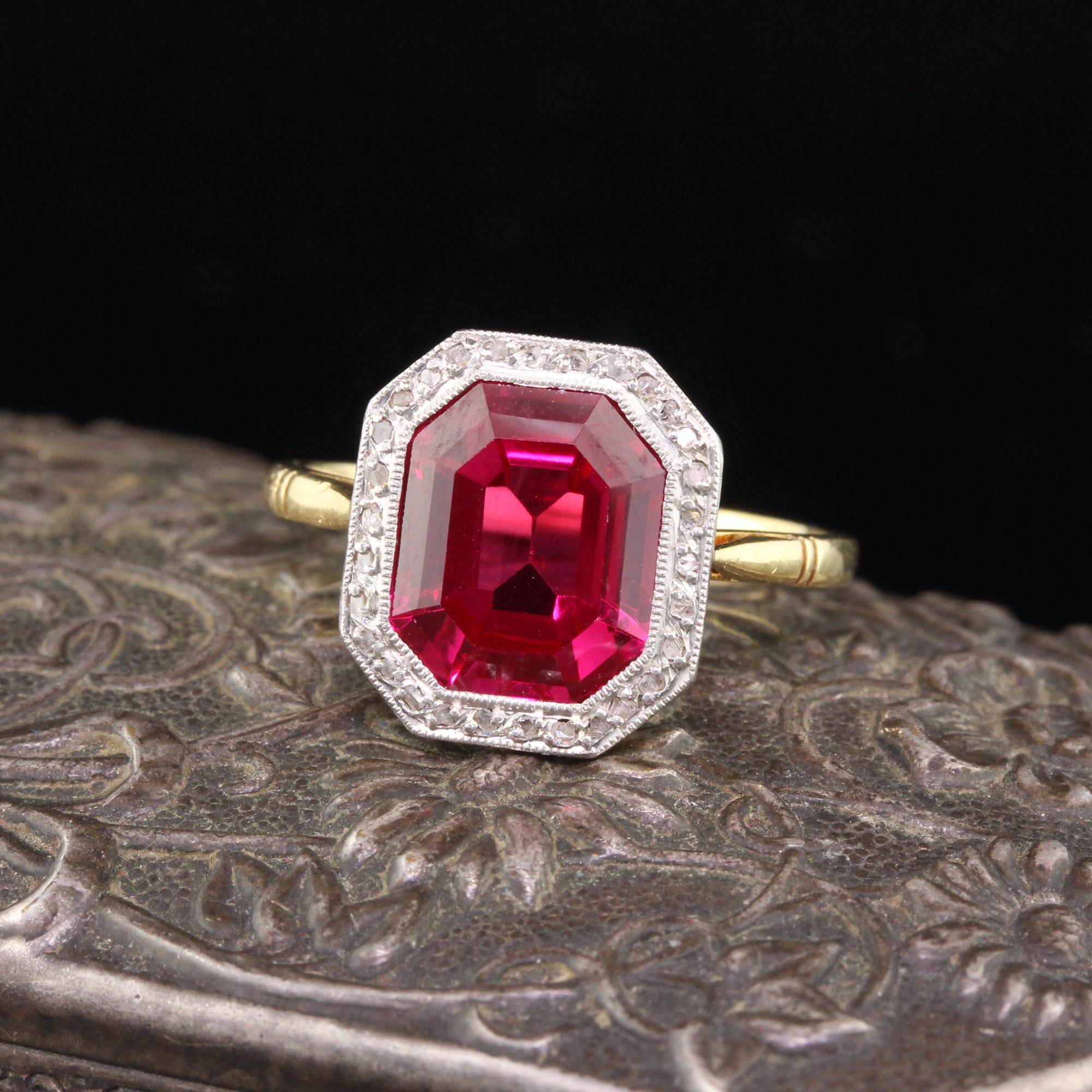 Stunning Edwardian French cocktail ring with a synthetic ruby center surrounded by a delicate halo of rose cut diamonds. A beautiful raspberry red color!

#R0278

Metal: 18K Yellow Gold & Platinum Top

Weight: 3.3 Grams

Center Stone: Synthetic ruby