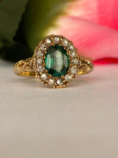 Antique Edwardian 18K Yellow Gold Green Garnet Doublet and Rose-Cut Diamond Ring