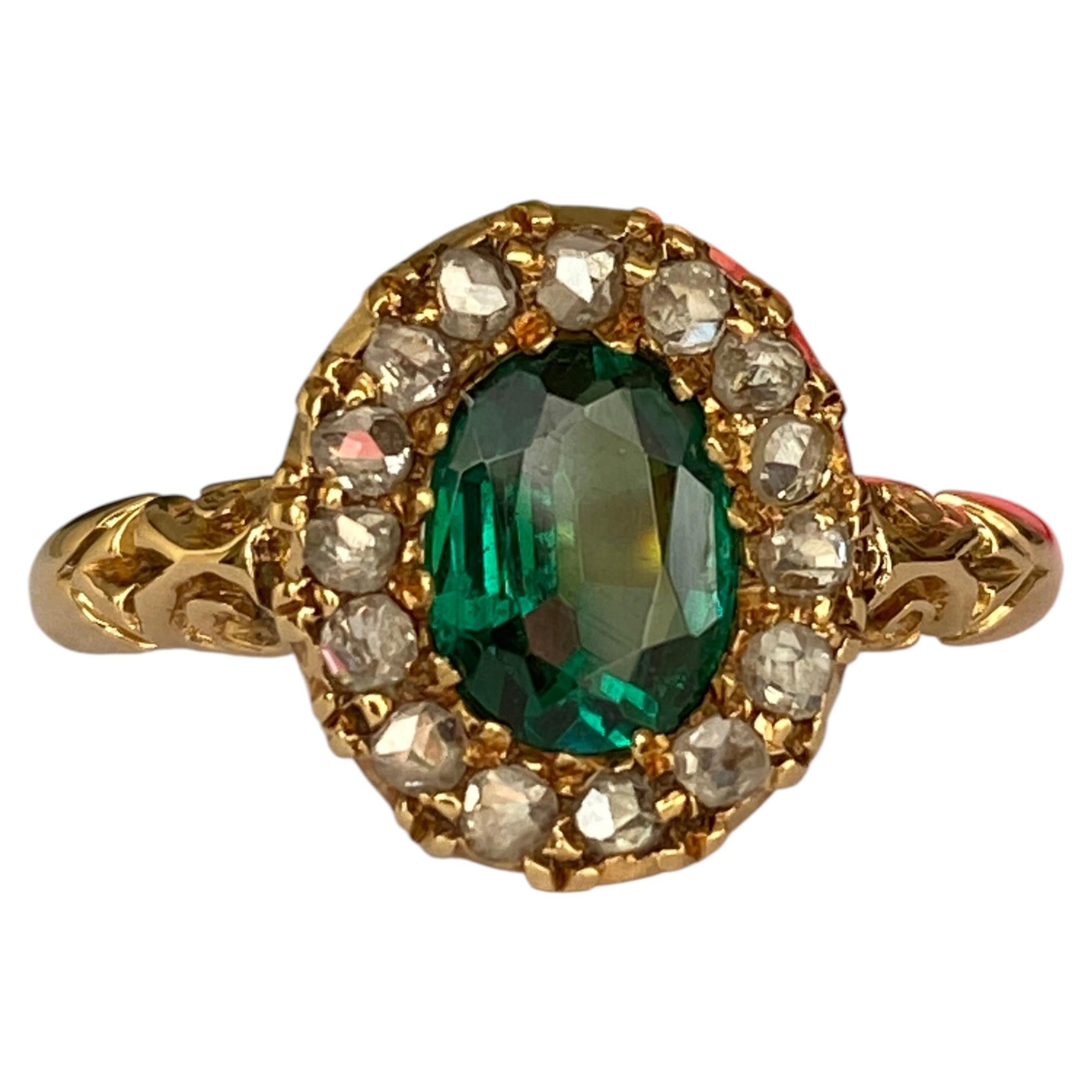 Antique Edwardian 18K Yellow Gold Green Garnet Doublet and Rose-Cut Diamond Ring