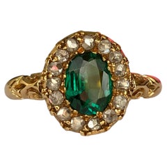 Antique Edwardian 18K Yellow Gold Green Garnet Doublet and Rose-Cut Diamond Ring