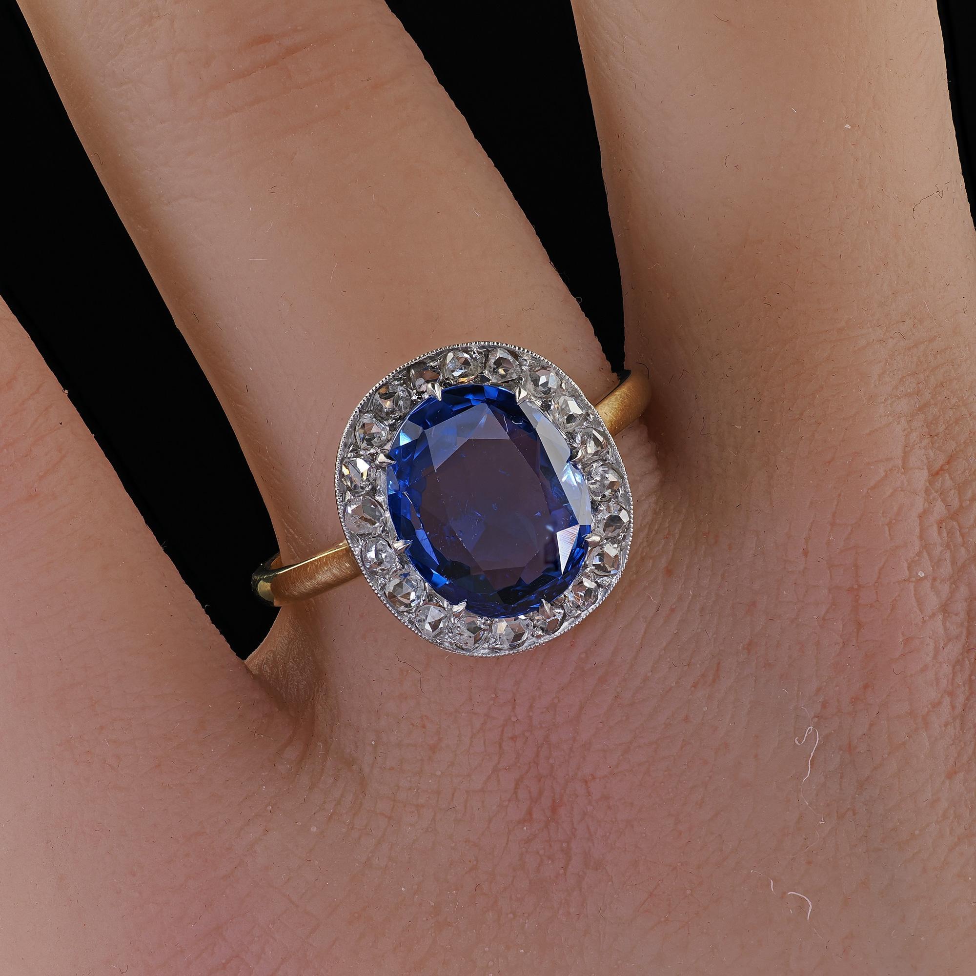 Antique Edwardian 18K Yellow Gold No Heat Sapphire Diamond Engagement Ring - GIA For Sale 5