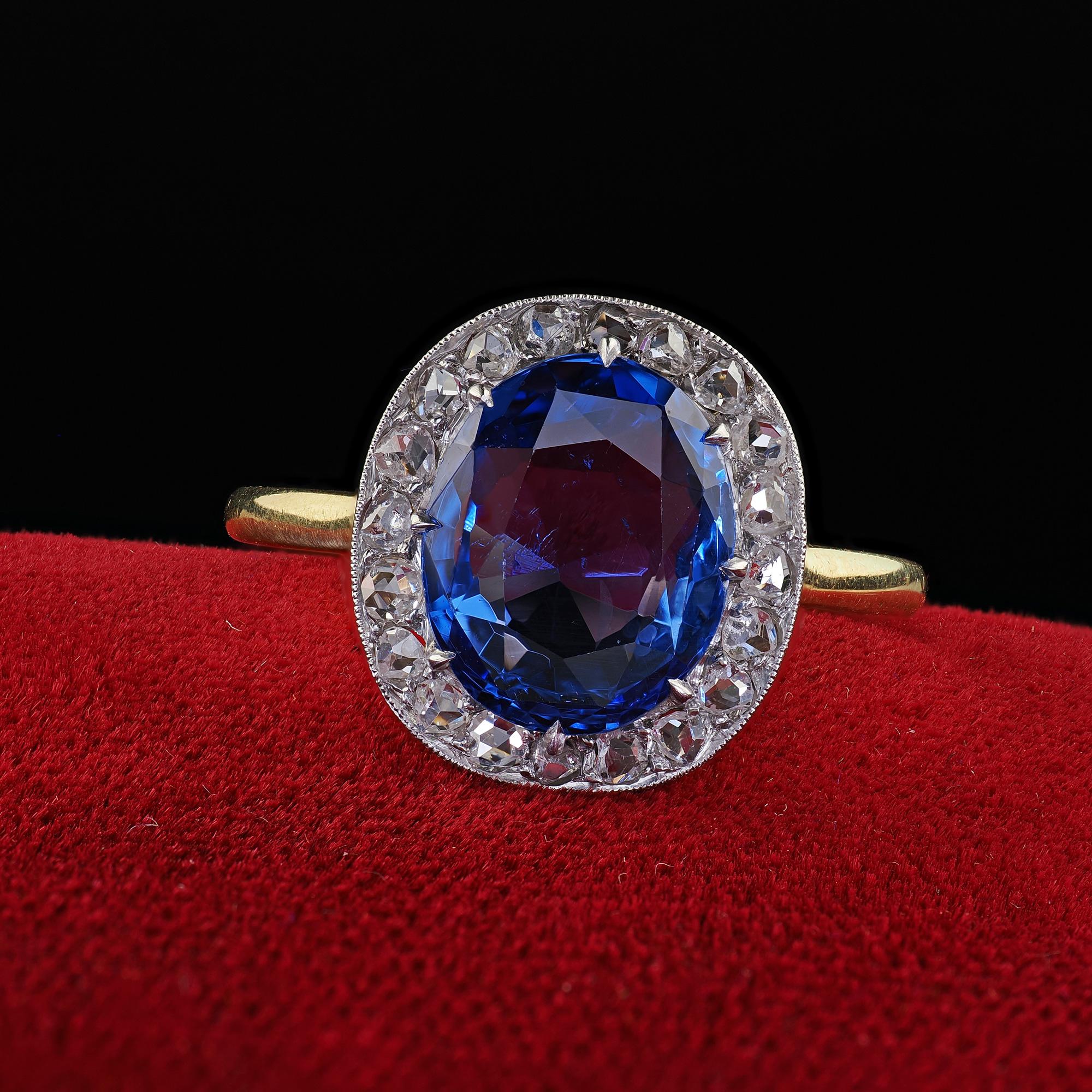 Beautiful Antique Edwardian 18K Yellow Gold No Heat Sapphire Diamond Engagement Ring - GIA. This incredible Edwardian no heat sapphire and diamond engagement ring is crafted in 18k yellow gold and platinum top. The ring features a breathtaking