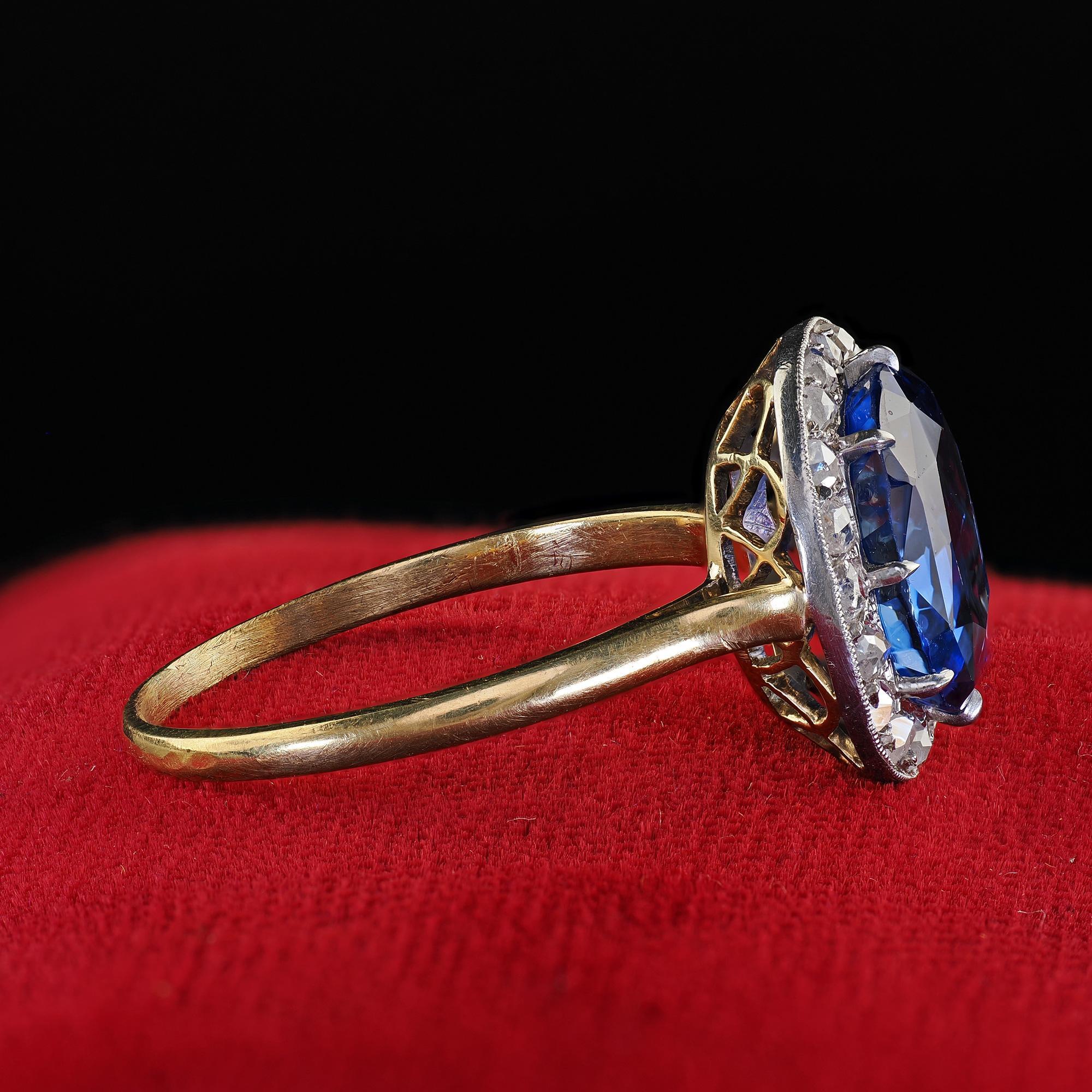 Antique Edwardian 18K Yellow Gold No Heat Sapphire Diamond Engagement Ring - GIA In Good Condition For Sale In Great Neck, NY