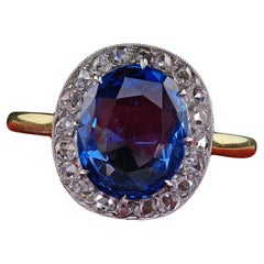 Antiguo anillo de compromiso eduardiano de oro amarillo de 18 quilates sin calor con zafiro y diamantes - GIA
