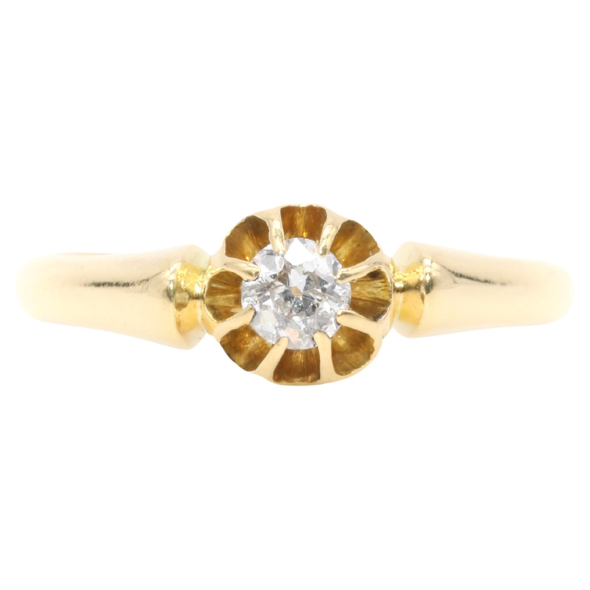 Antique Edwardian 18K Yellow Gold Old Cut Diamond Belcher Solitaire Ring