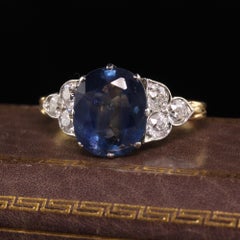 Antique Edwardian 18K Yellow Gold Old Euro Diamond and Sapphire Engagement Ring