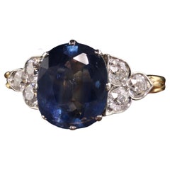 Antique Edwardian 18K Yellow Gold Old Euro Diamond and Sapphire Engagement Ring