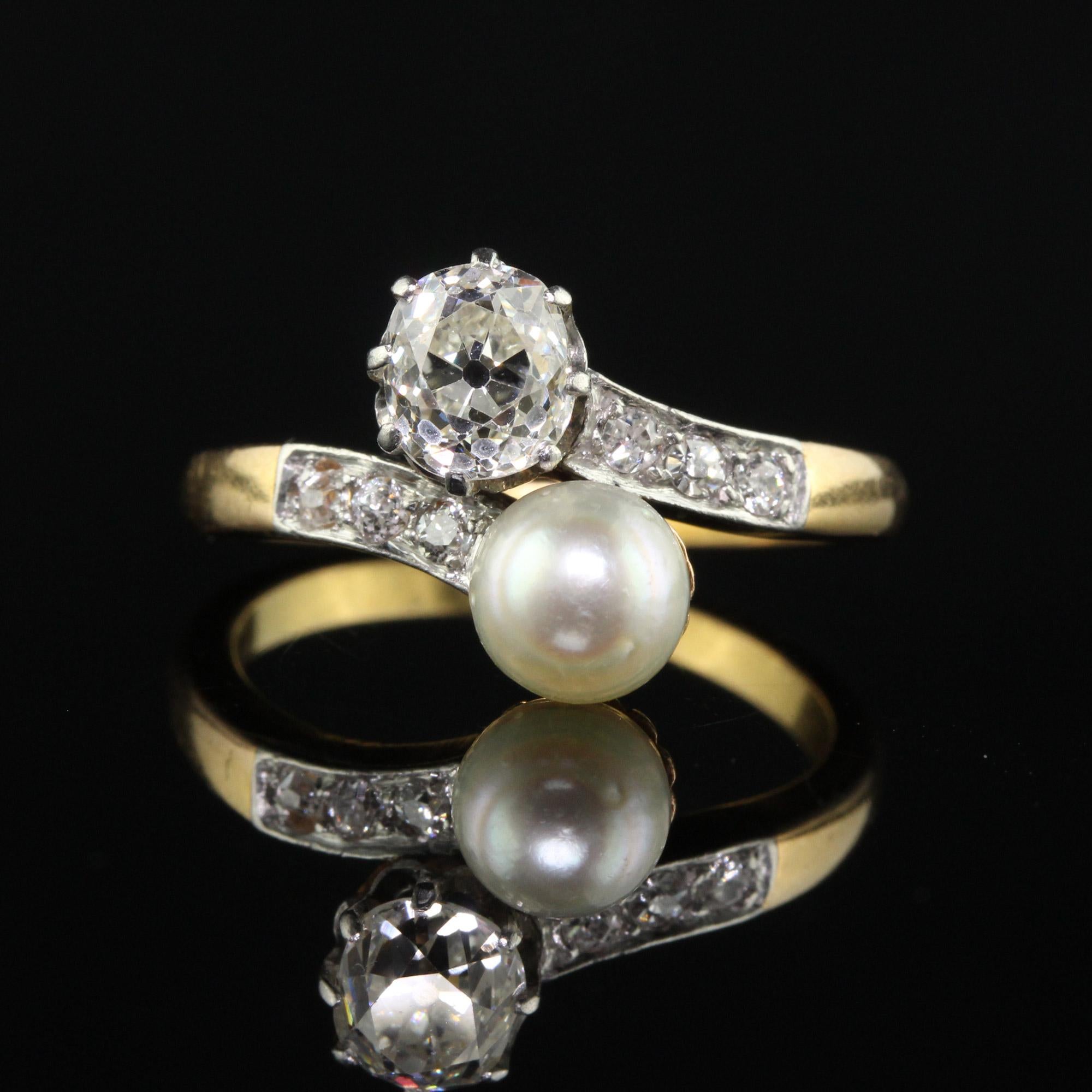 Antique Edwardian 18K Yellow Gold Old Mine Cut Diamond and Pearl Toi et Moi Enga In Good Condition For Sale In Great Neck, NY