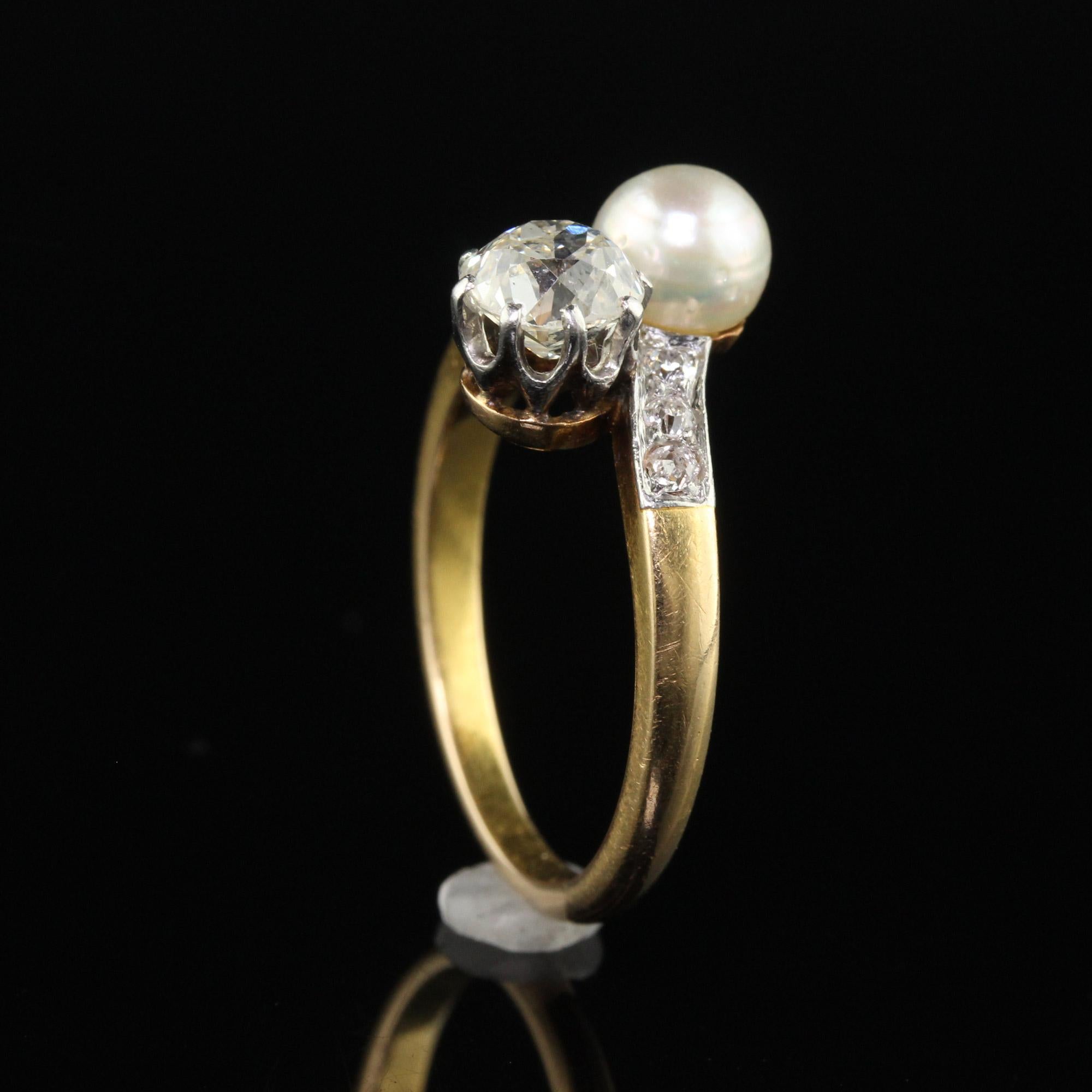Antique Edwardian 18K Yellow Gold Old Mine Cut Diamond and Pearl Toi et Moi Enga For Sale 1