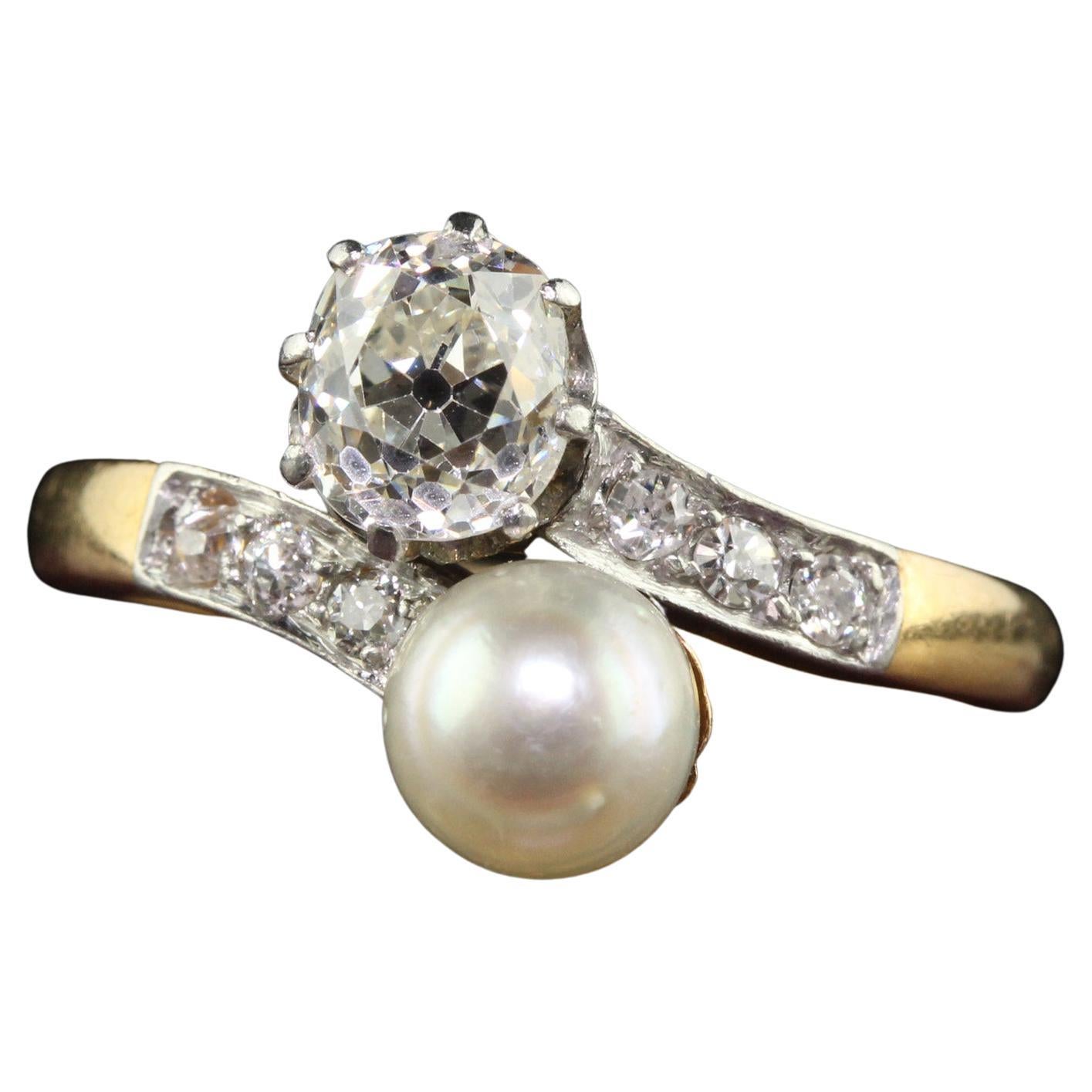 Antique Edwardian 18K Yellow Gold Old Mine Cut Diamond and Pearl Toi et Moi Enga For Sale