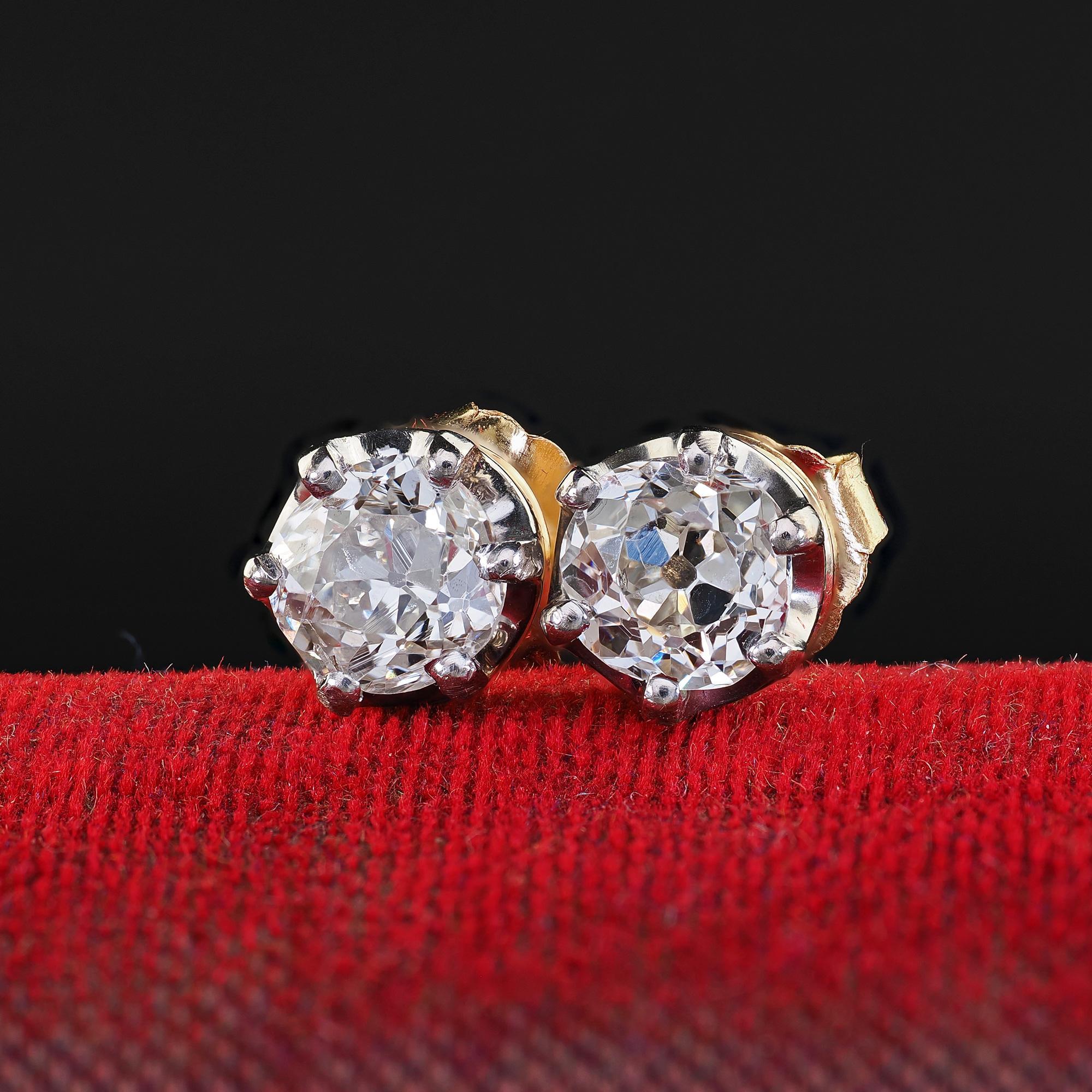 Women's Antique Edwardian 18K Yellow Gold Old Mine Cut Diamond Stud Earrings For Sale