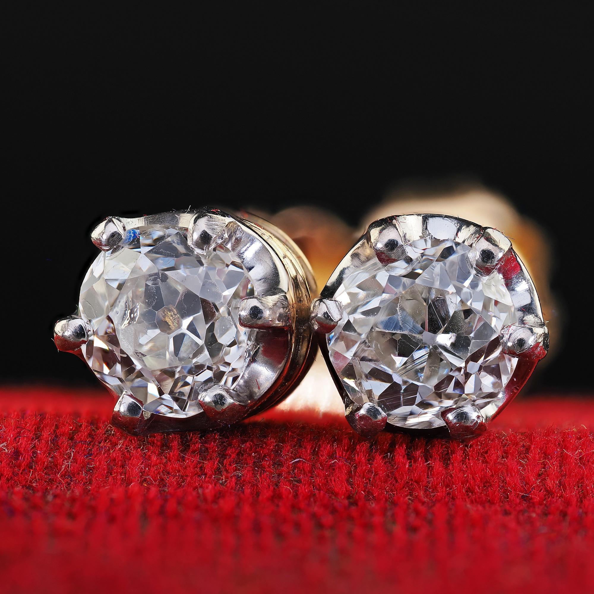 Antique Edwardian 18K Yellow Gold Old Mine Cut Diamond Stud Earrings For Sale 2