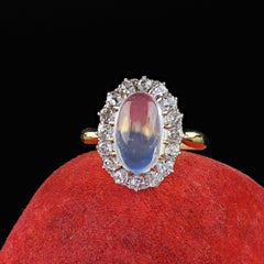Antique Edwardian 18K Yellow Gold Old Mine Diamond Moon Stone Engraved Ring