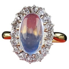 Antique Edwardian 18K Yellow Gold Old Mine Diamond Moon Stone Engraved Ring