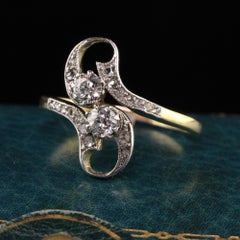Antique Edwardian 18k Yellow Gold Old Mine Rose Cut Diamond Toi et Moi Ring