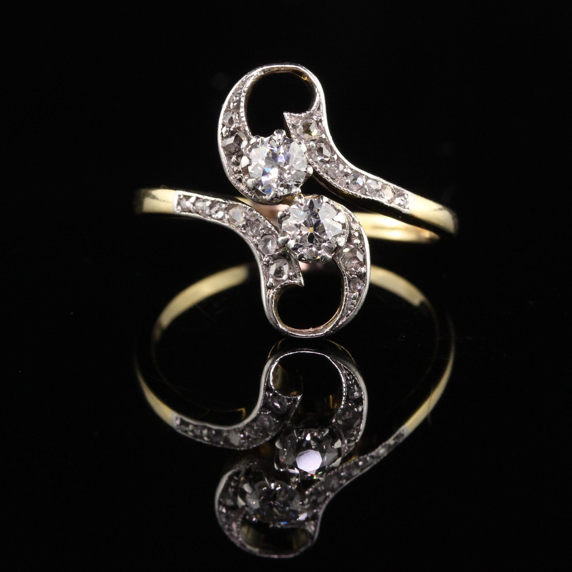 Old Mine Cut Antique Edwardian 18k Yellow Gold Old Mine Rose Cut Diamond Toi et Moi Ring For Sale