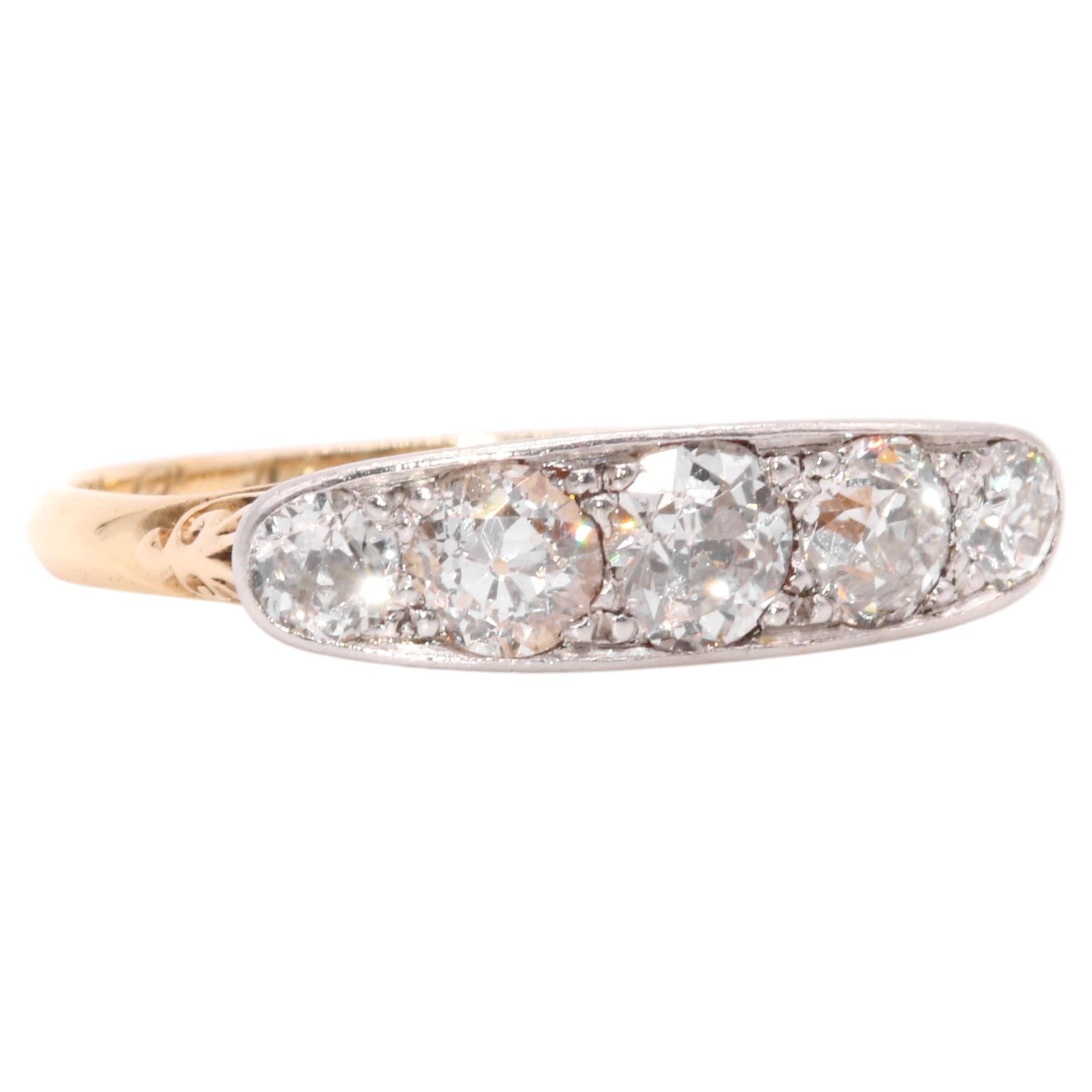 Antique Edwardian 18K Yellow Gold & Platinum 1.02ctw 5 Stone Diamond Ring