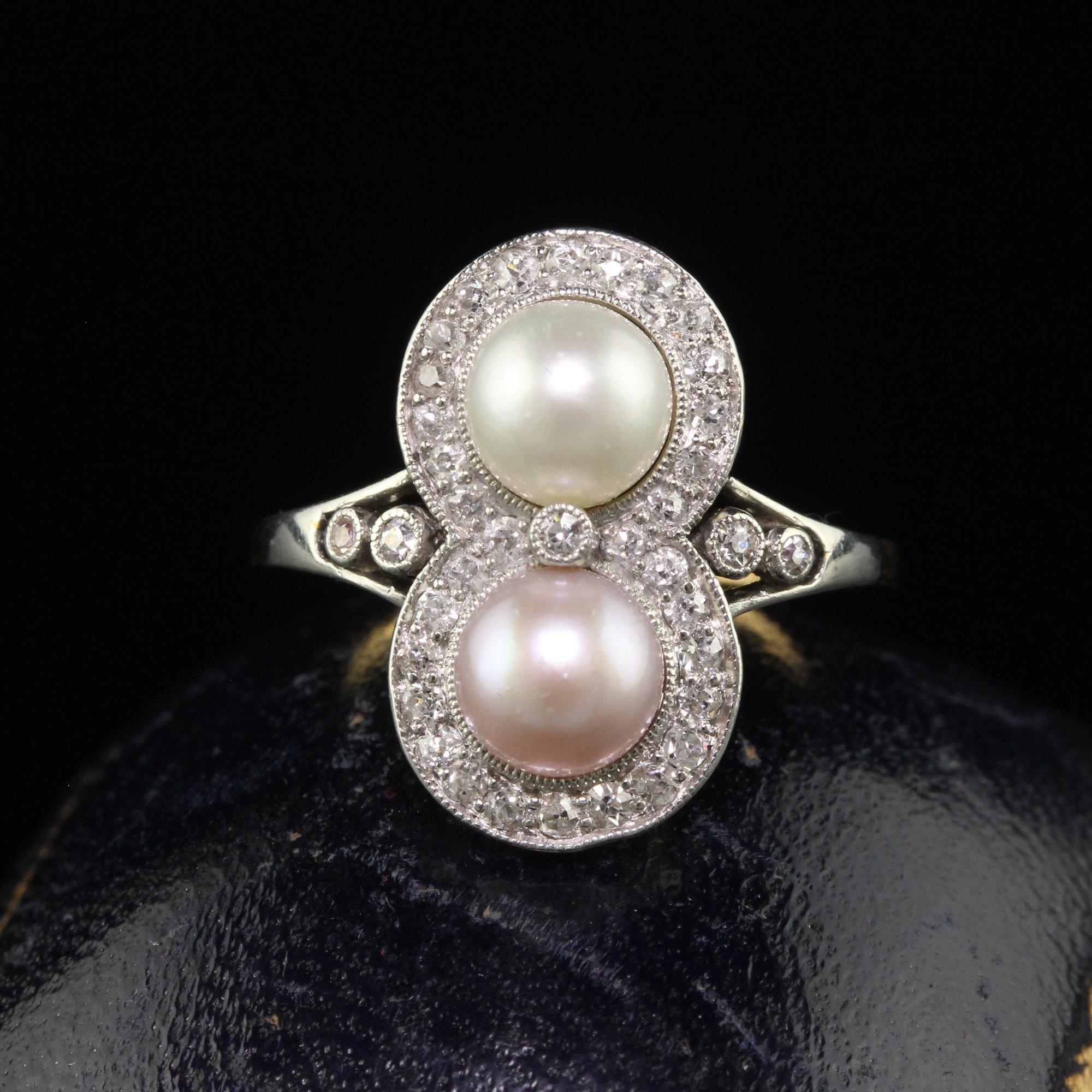 Beautiful Antique Edwardian 18K Yellow Gold Platinum Natural Pearl Toi et Moi Ring - GIA. This incredible Toi et Moi ring is crafted in 18k yellow gold and platinum top. The ring holds natural pearls that have a GIA report. The pearls are surrounded