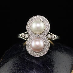 Antique Edwardian 18K Yellow Gold Platinum Natural Pearl Toi et Moi Ring - GIA