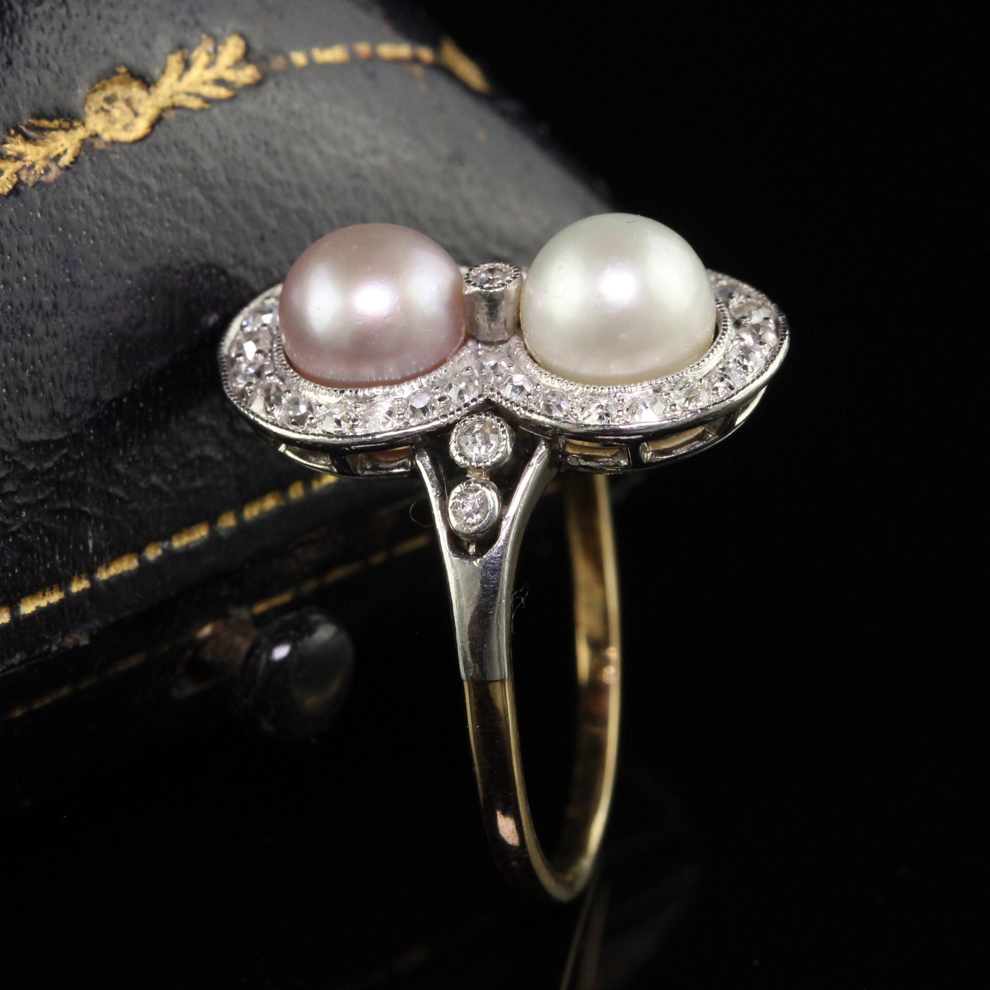 Round Cut Antique Edwardian 18K Yellow Gold Platinum Natural Pearl Toi et Moi Ring - GIA For Sale