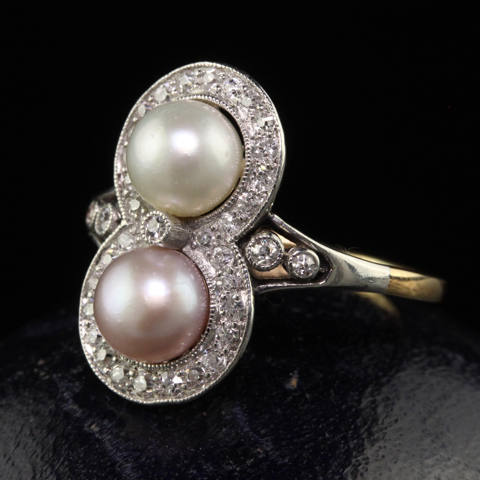Antique Edwardian 18K Yellow Gold Platinum Natural Pearl Toi et Moi Ring - GIA In Good Condition For Sale In Great Neck, NY