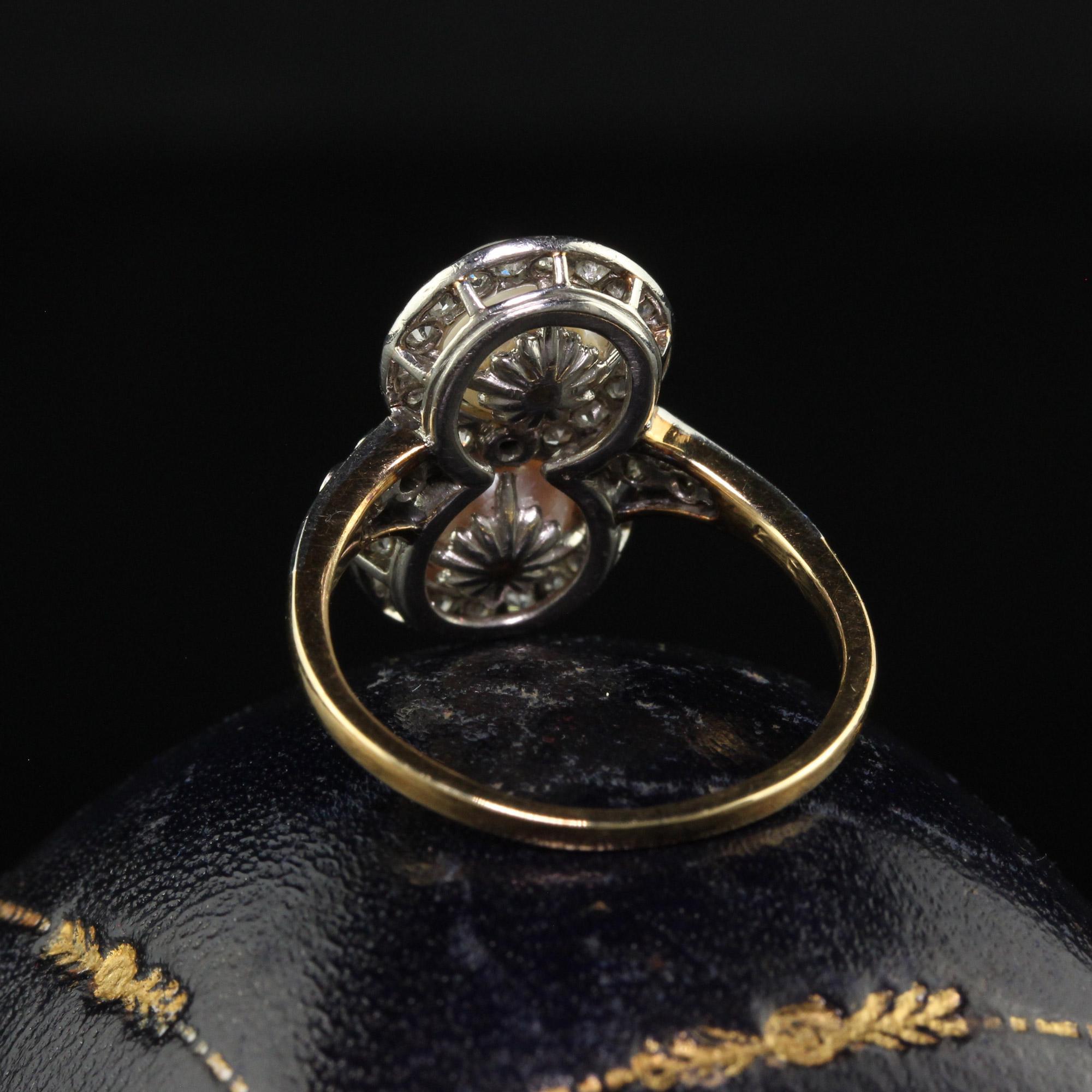 Women's Antique Edwardian 18K Yellow Gold Platinum Natural Pearl Toi et Moi Ring - GIA For Sale