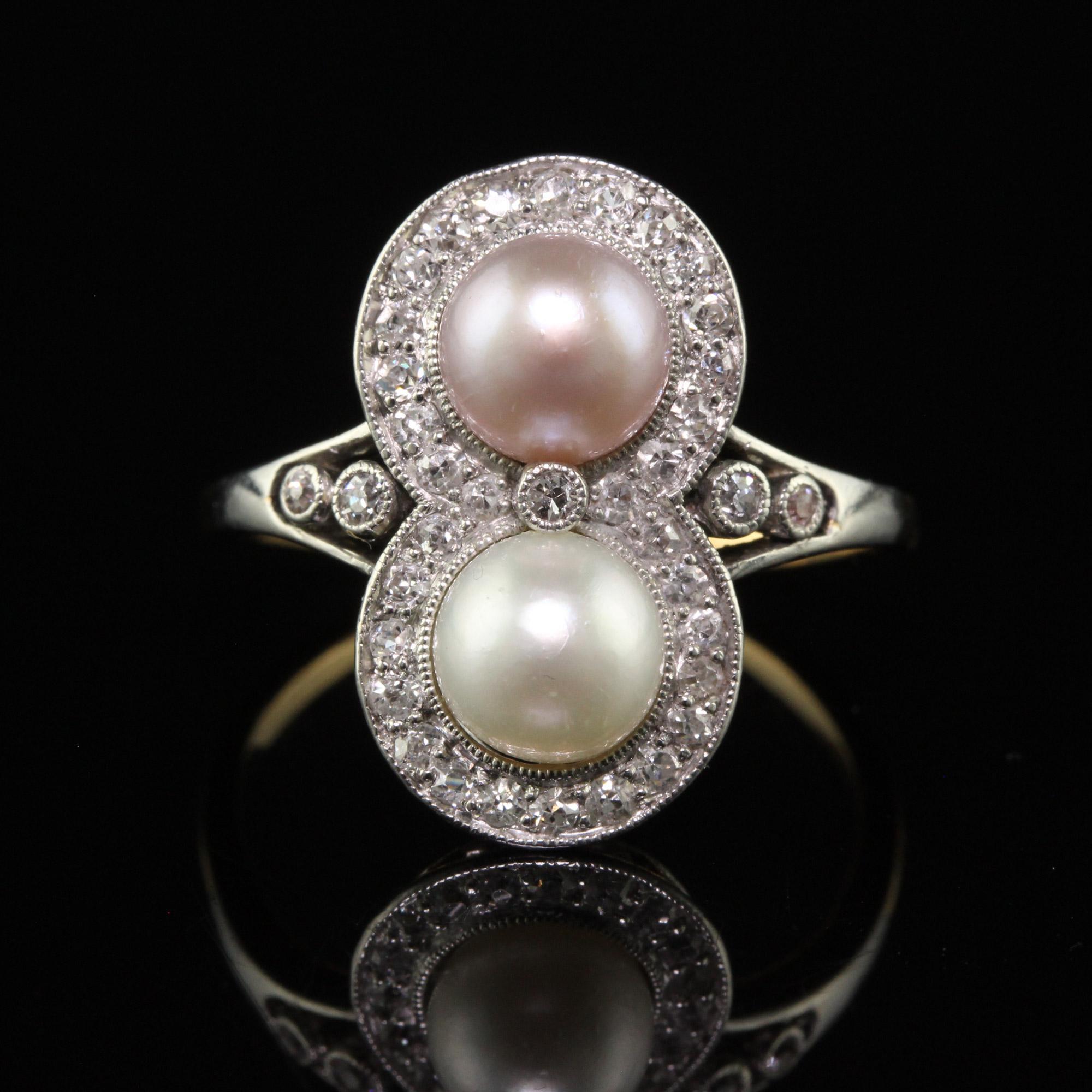 Antique Edwardian 18K Yellow Gold Platinum Natural Pearl Toi et Moi Ring - GIA For Sale 1