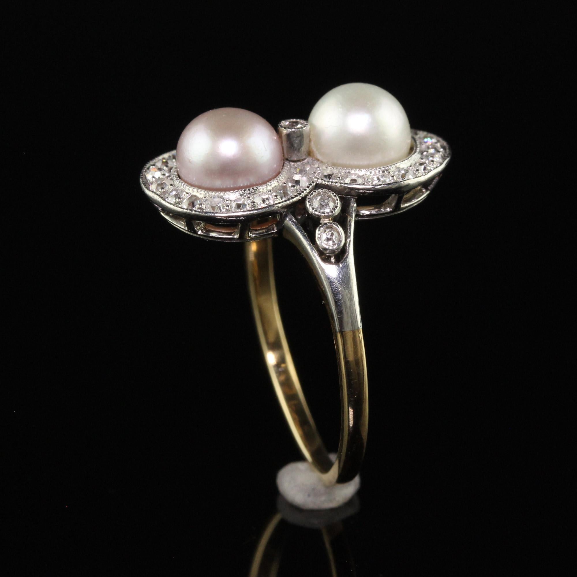 Antique Edwardian 18K Yellow Gold Platinum Natural Pearl Toi et Moi Ring - GIA For Sale 3