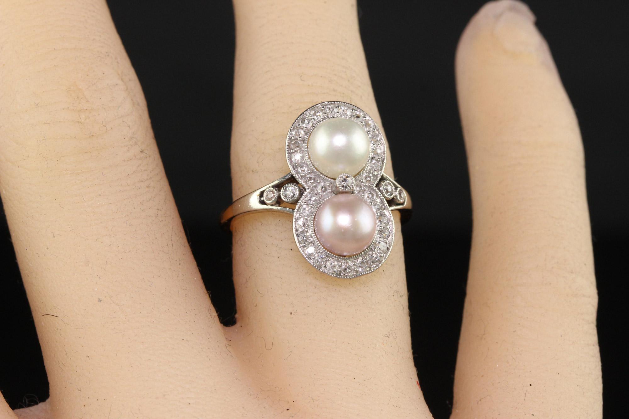 Antique Edwardian 18K Yellow Gold Platinum Natural Pearl Toi et Moi Ring - GIA For Sale 4
