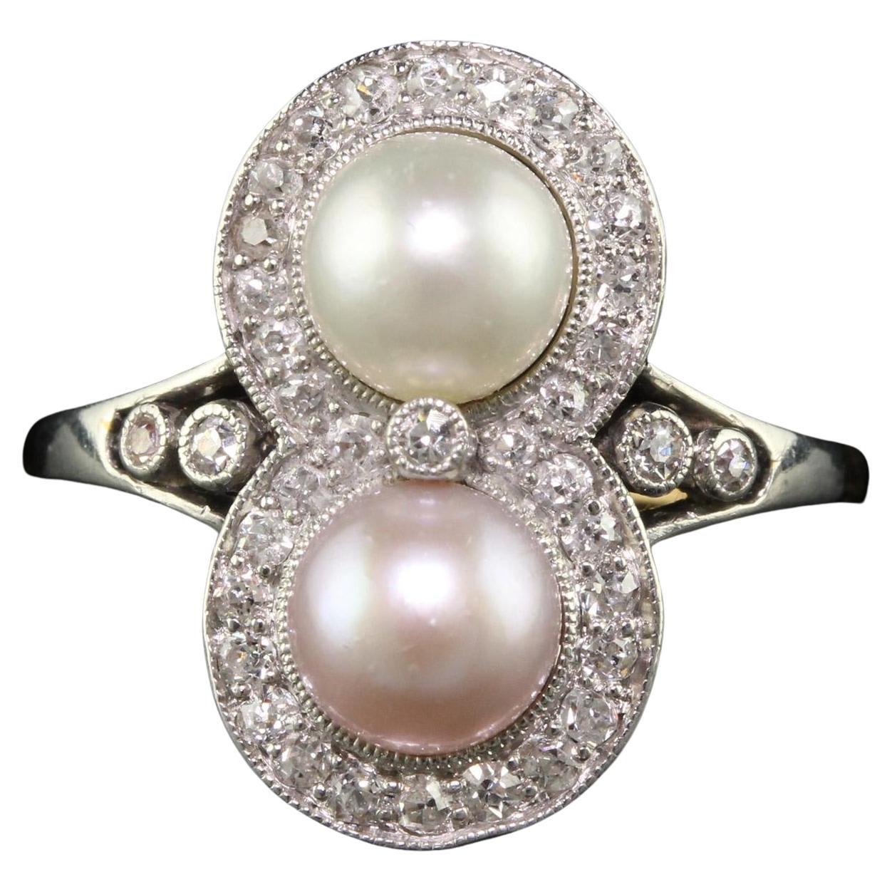 Antique Edwardian 18K Yellow Gold Platinum Natural Pearl Toi et Moi Ring - GIA For Sale
