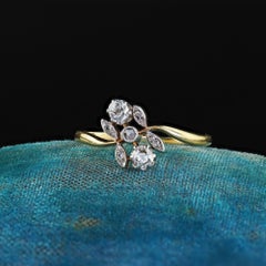 Antique Edwardian 18K Yellow Gold Platinum Old Cut Diamond Floral Ring