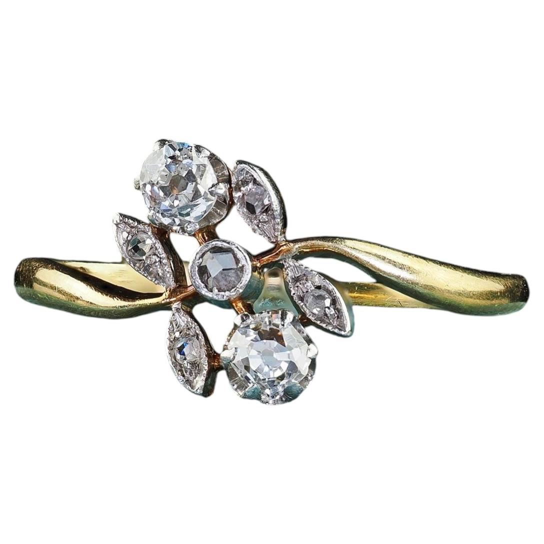 Antique Edwardian 18K Yellow Gold Platinum Old Cut Diamond Floral Ring