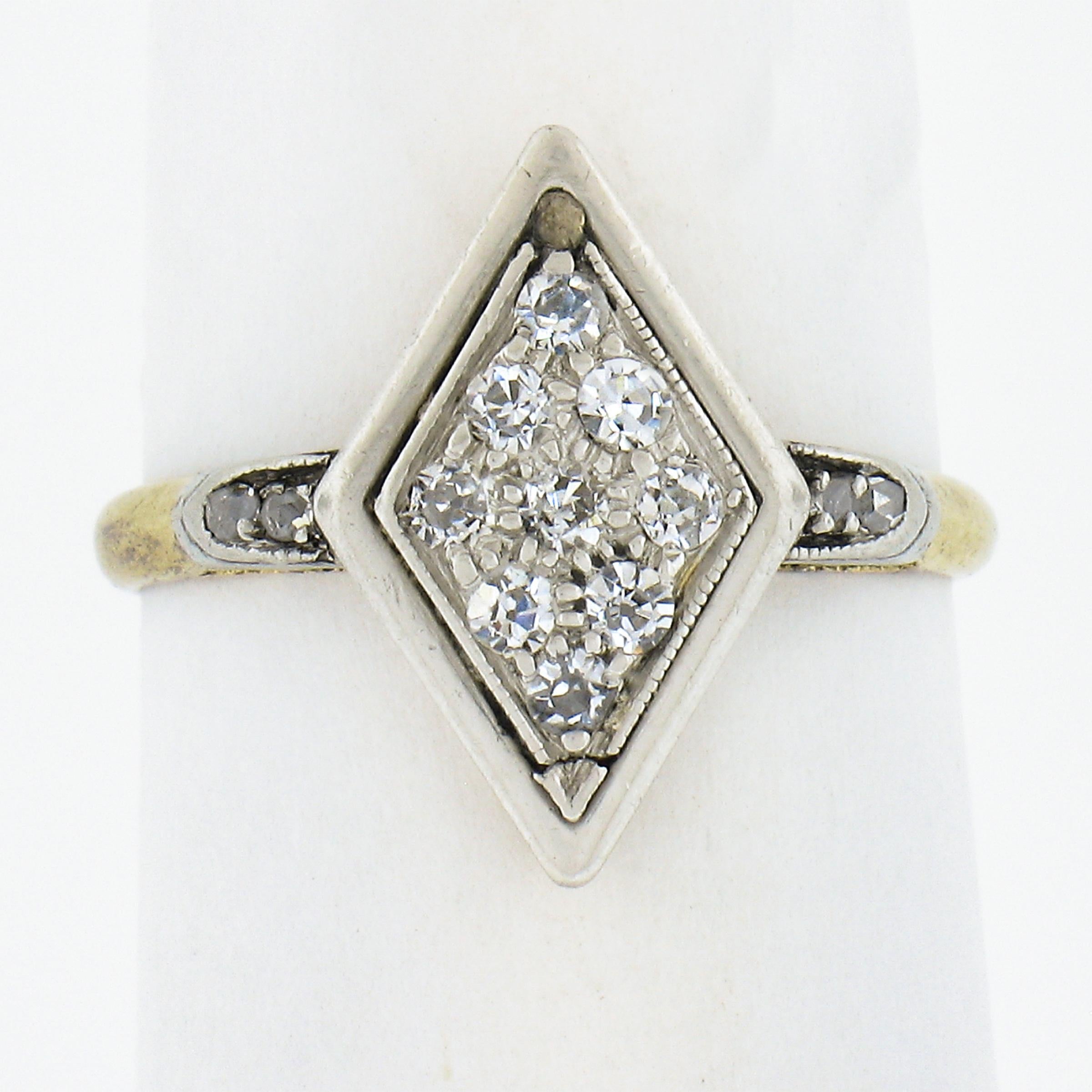 --Stone(s):--
(13) Natural Genuine Diamonds - Old Single & Old Round Cut - Pave Set 

Material: 18k Solid Yellow Gold w/ Platinum Top
Weight: 2.4 Grams
Ring Size: 4.5 (Fitted on a finger. We can custom size this ring. Please contact us prior to