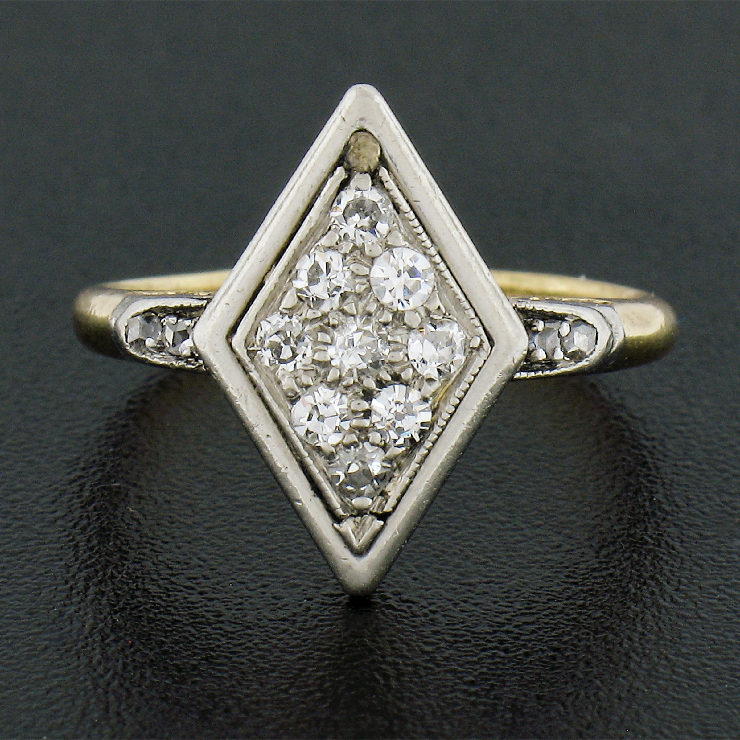 Round Cut Antique Edwardian 18K Yellow Gold & Platinum Old Cut Diamond Lozenge Shape Ring For Sale