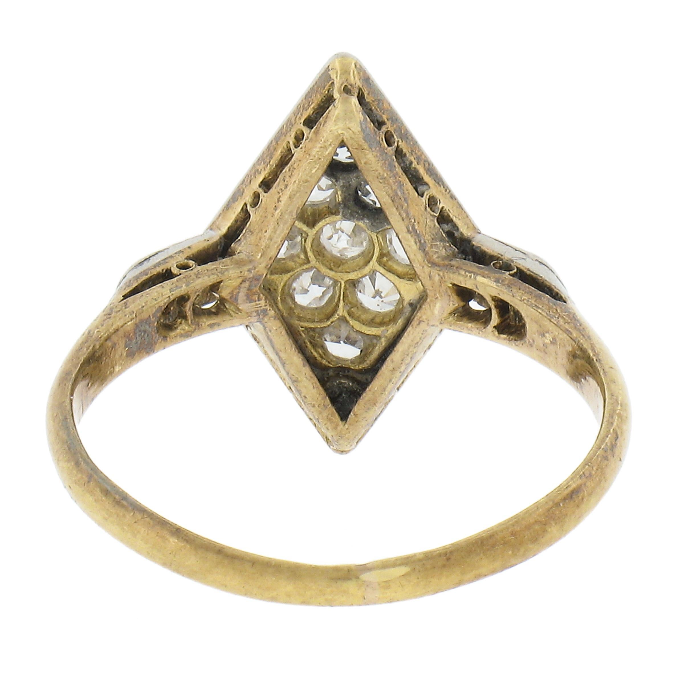 Antique Edwardian 18K Yellow Gold & Platinum Old Cut Diamond Lozenge Shape Ring For Sale 2