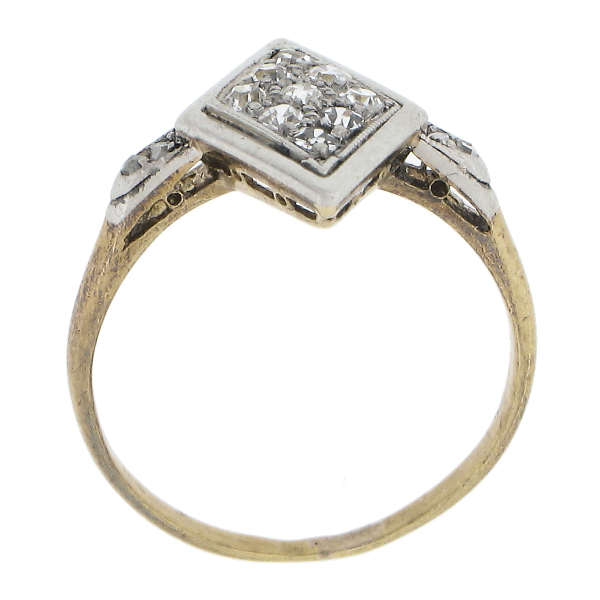 Antique Edwardian 18K Yellow Gold & Platinum Old Cut Diamond Lozenge Shape Ring For Sale 3