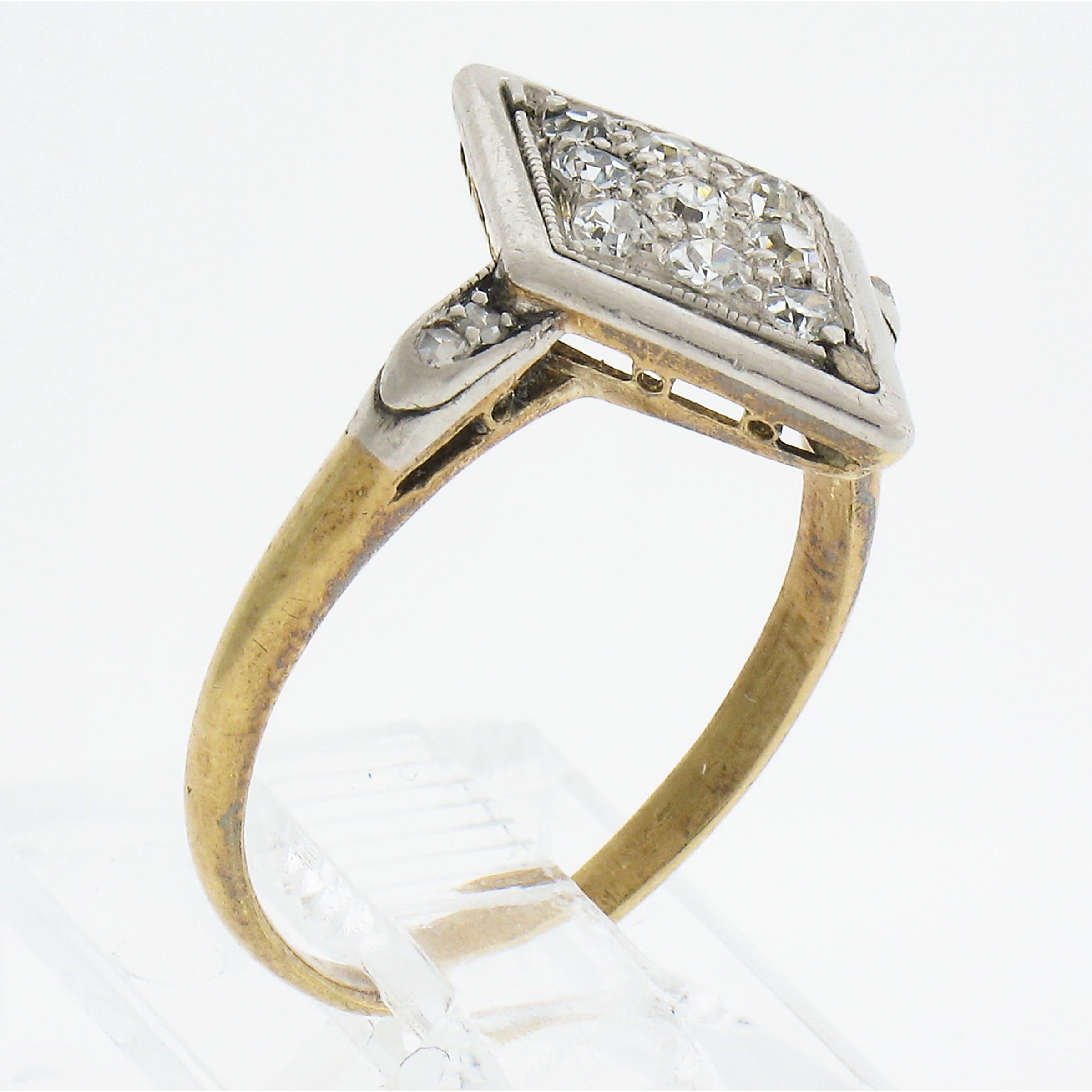 Antique Edwardian 18K Yellow Gold & Platinum Old Cut Diamond Lozenge Shape Ring For Sale 4