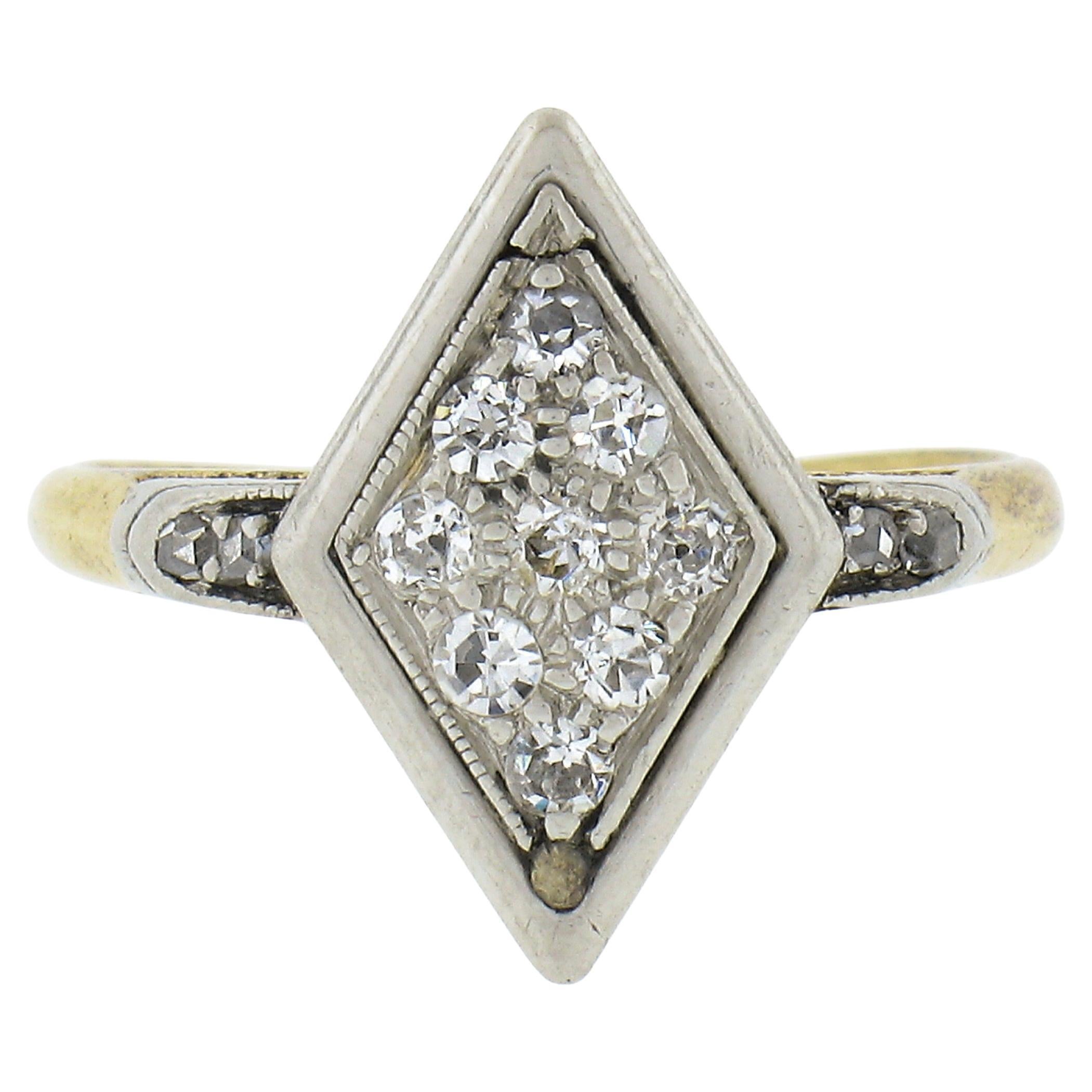 Antique Edwardian 18K Yellow Gold & Platinum Old Cut Diamond Lozenge Shape Ring For Sale