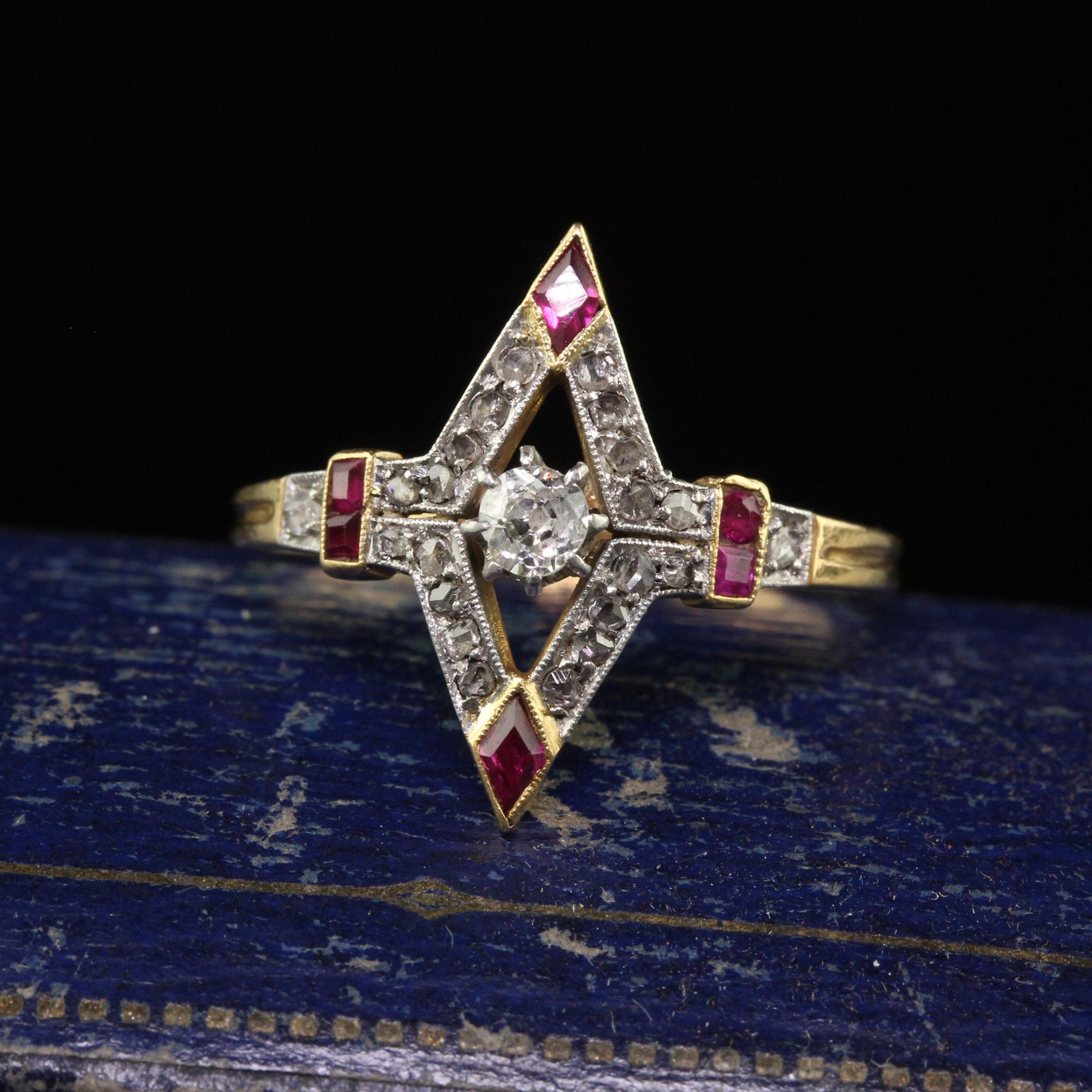Beautiful Antique Edwardian 18K Yellow Gold Platinum Old Cut Diamond Ruby Ring. This beautiful Edwardian diamond ring is crafted in 18k yellow gold and platinum top. This ring features an old mine cut diamond that is set in the center of an