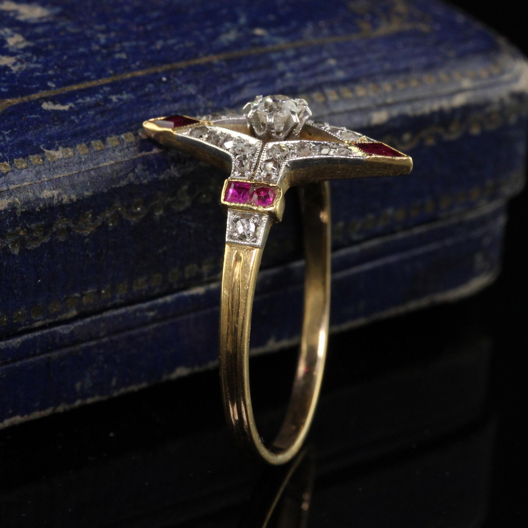 Old Mine Cut Antique Edwardian 18K Yellow Gold Platinum Old Cut Diamond Ruby Ring